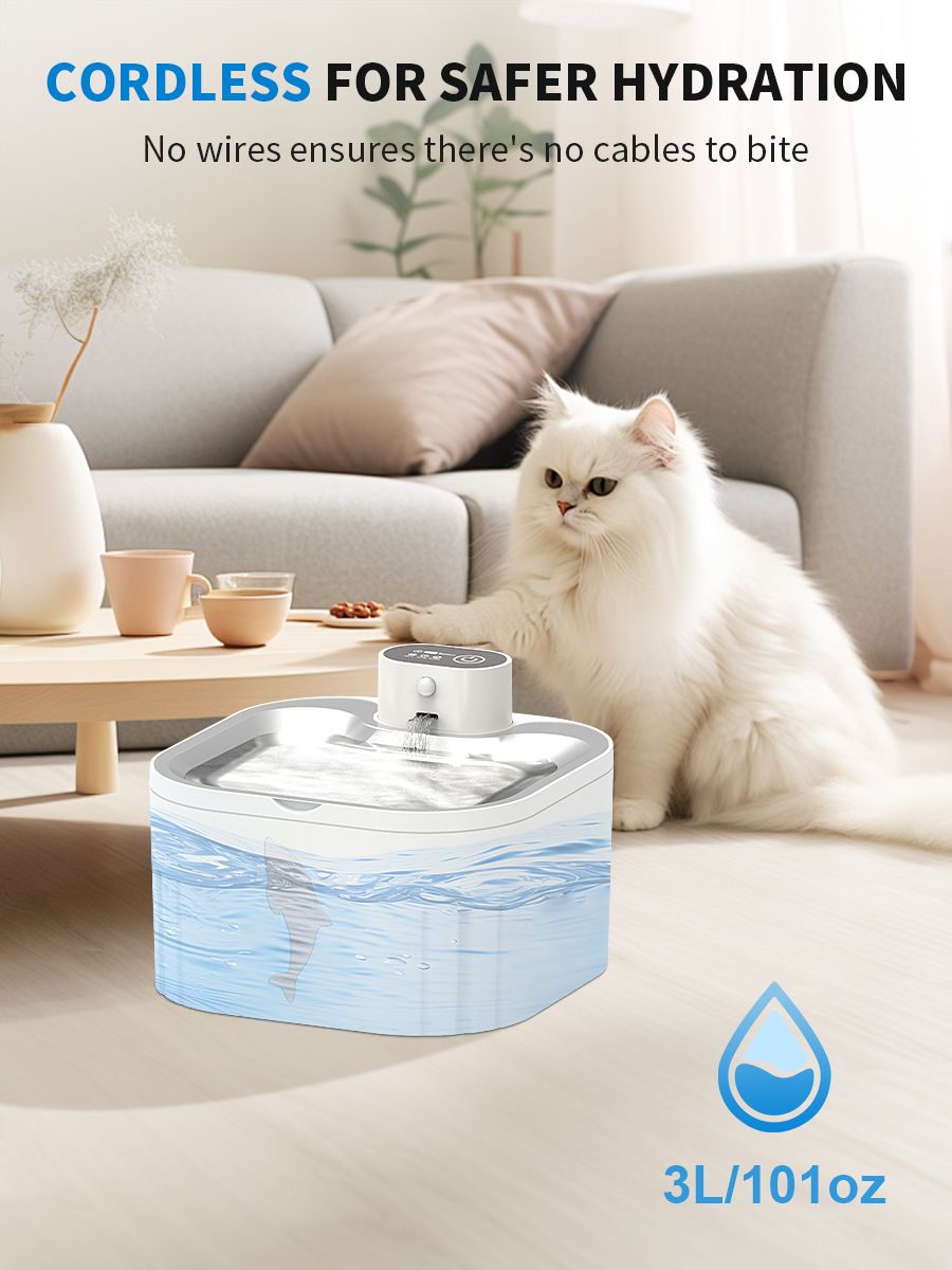 U7 Cat Water Fountain Waterer 3L/101oz, Wireless & USB Rechargeable Pet Water Fountain with 304 Stainless Steel Lid, Smart Infrared Motion Sensor Automatic Pet Water Dispenser, Ultra Quiet Pump, Detachable Easy Clean,  4 Filters Included - Image 7