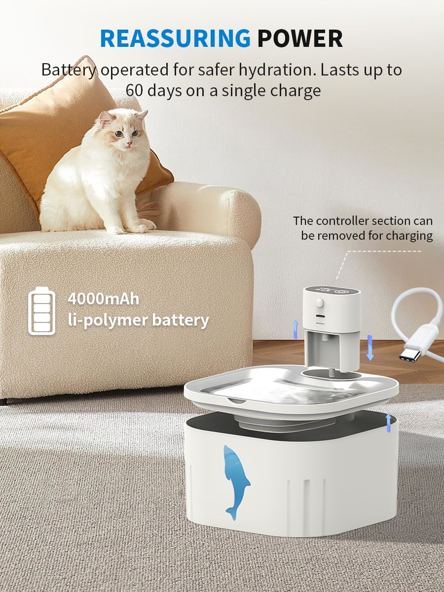 U7 Cat Water Fountain Waterer 3L/101oz, Wireless & USB Rechargeable Pet Water Fountain with 304 Stainless Steel Lid, Smart Infrared Motion Sensor Automatic Pet Water Dispenser, Ultra Quiet Pump, Detachable Easy Clean,  4 Filters Included - Image 8