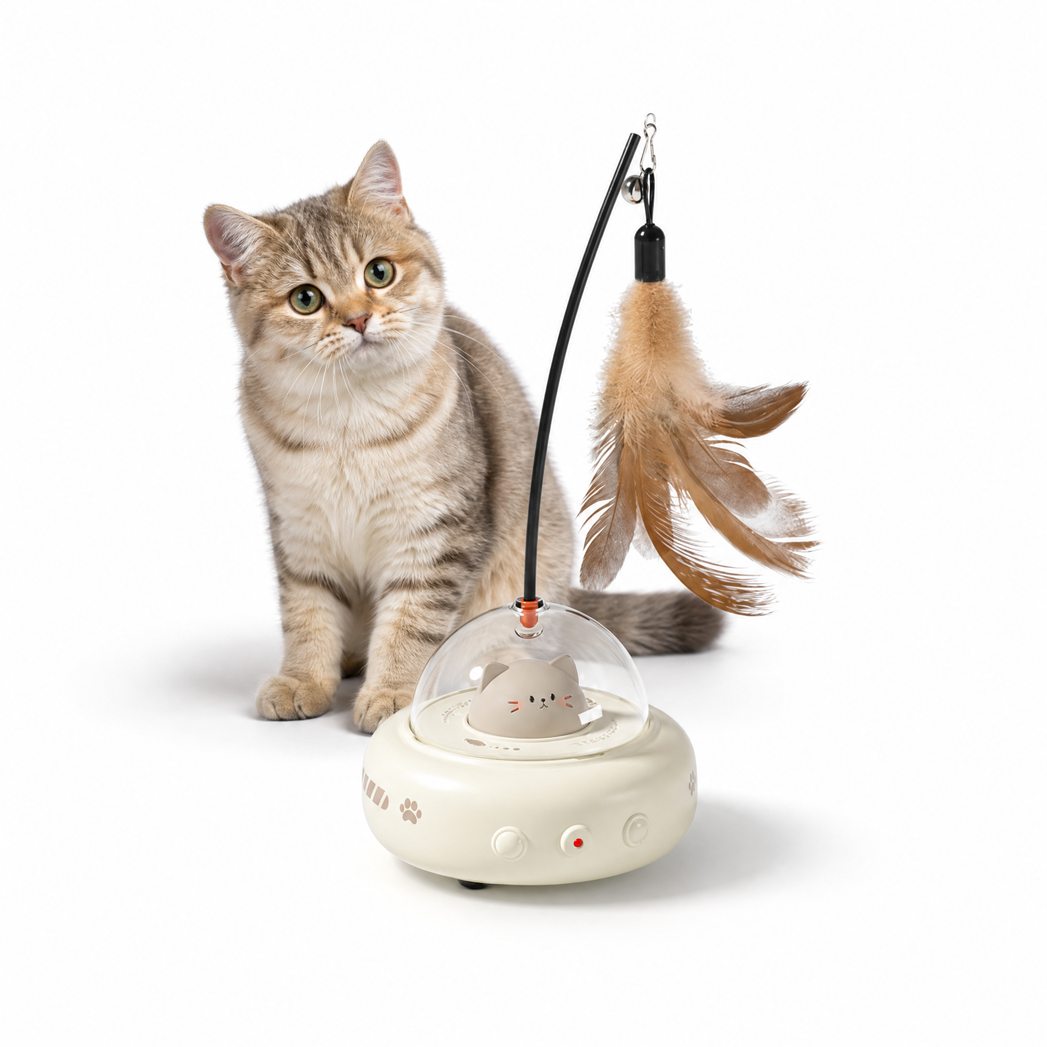 White Smart Cat Teaser Toy Rechargeable Interactive Cat Toy with Red Dot Light, Feather Wand, Obstacle Avoidance, Touch Wake-Up, Auto Standby, Soft Rubber Wheels, Cute Cat Design for Indoor Cats - Image 1