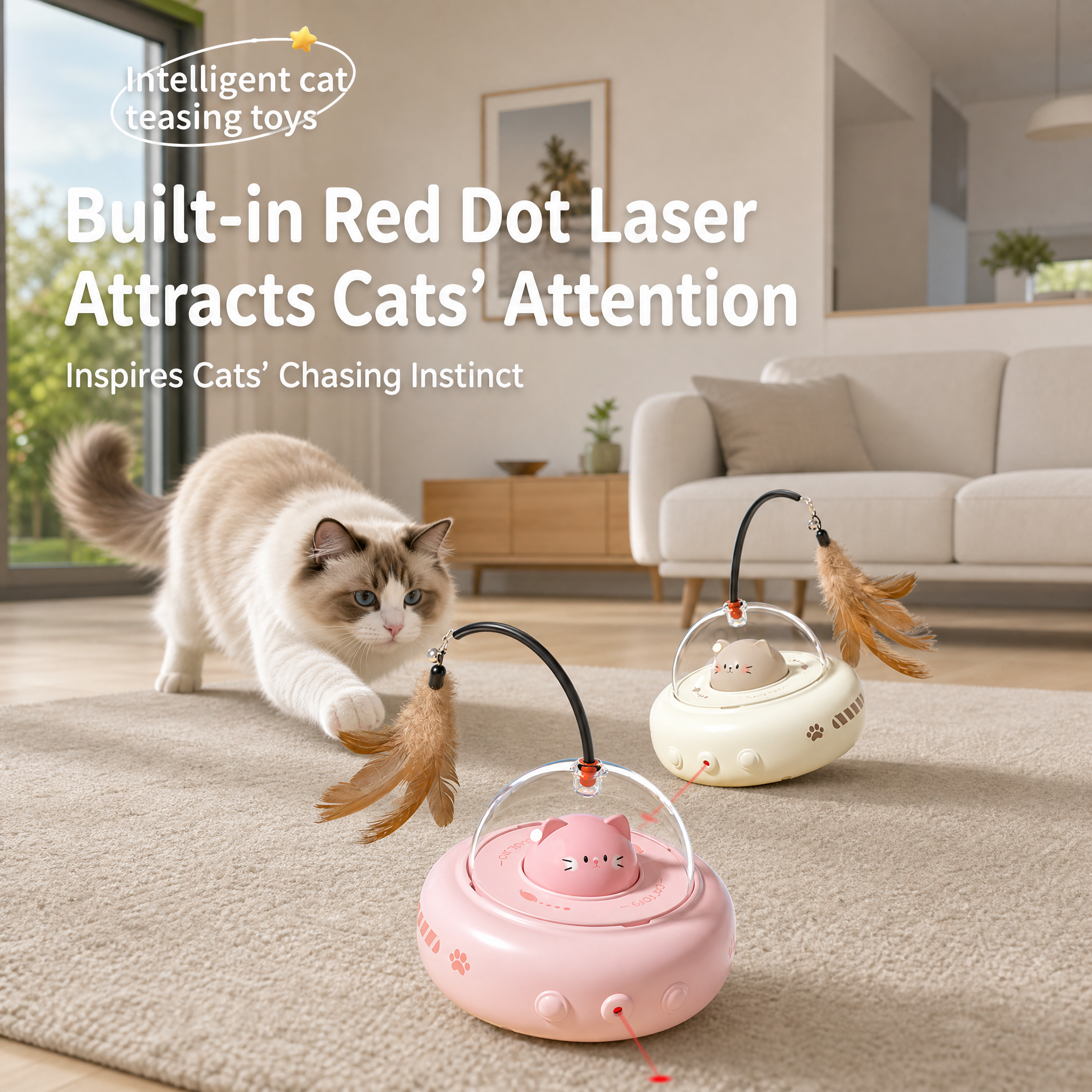 White Smart Cat Teaser Toy Rechargeable Interactive Cat Toy with Red Dot Light, Feather Wand, Obstacle Avoidance, Touch Wake-Up, Auto Standby, Soft Rubber Wheels, Cute Cat Design for Indoor Cats - Image 3