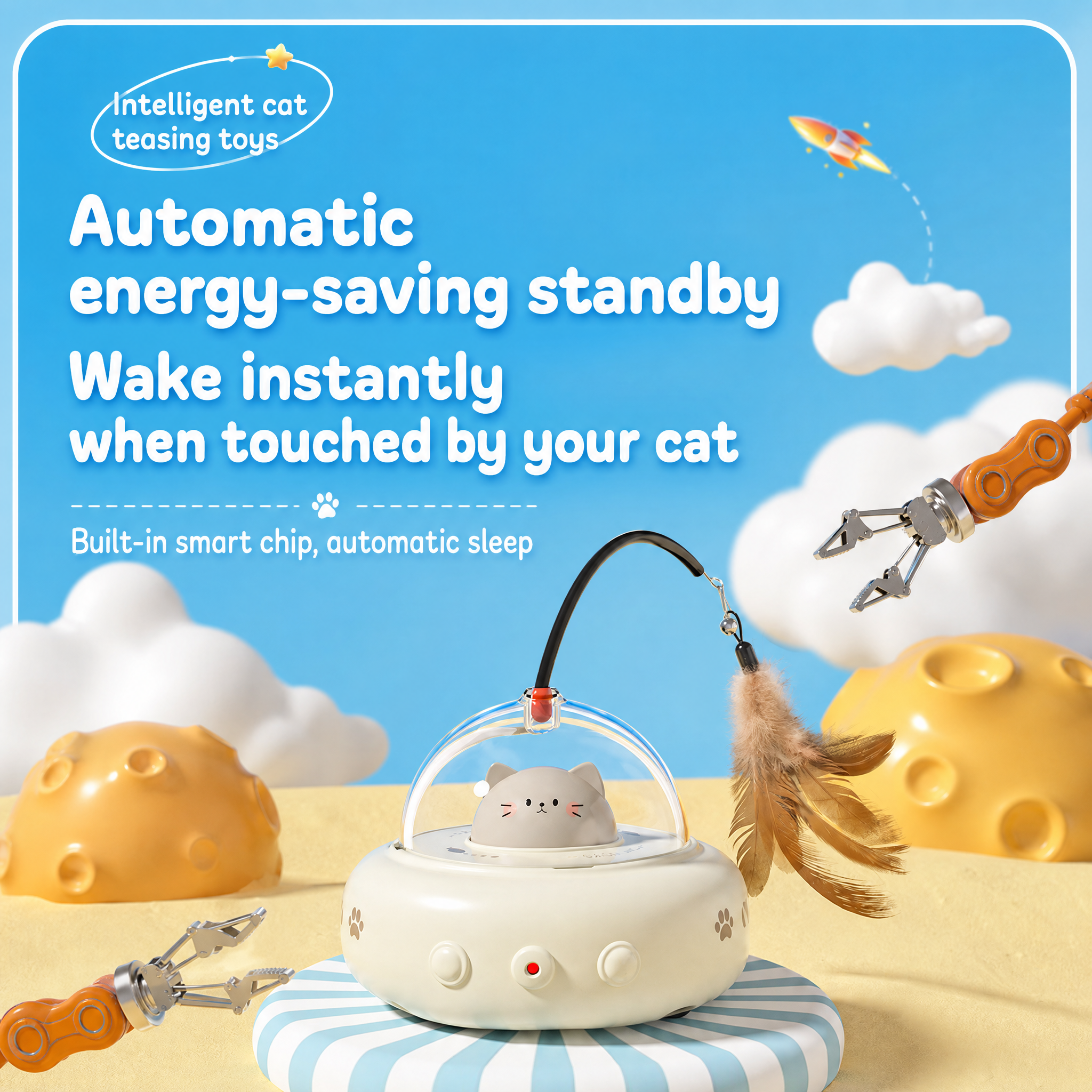 White Smart Cat Teaser Toy Rechargeable Interactive Cat Toy with Red Dot Light, Feather Wand, Obstacle Avoidance, Touch Wake-Up, Auto Standby, Soft Rubber Wheels, Cute Cat Design for Indoor Cats - Image 4
