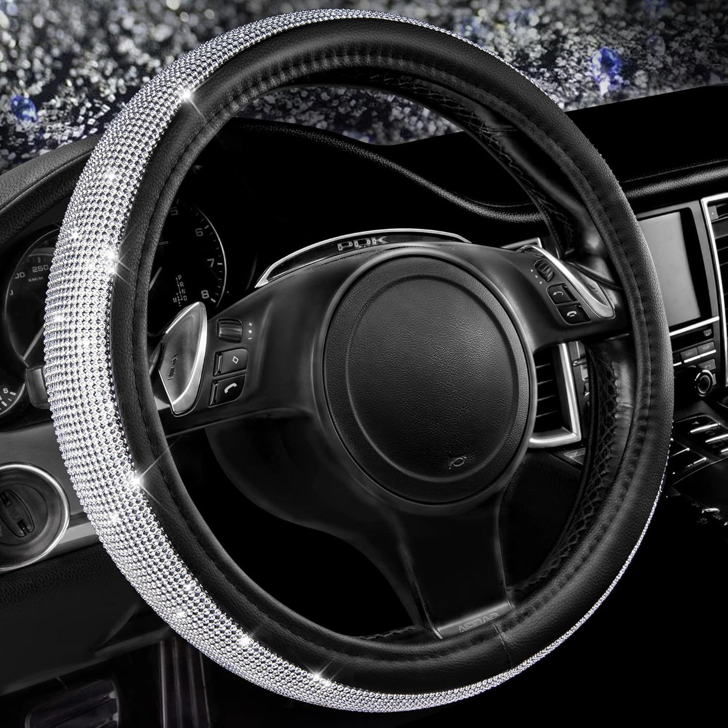 Bling Diamond Leather Steering Wheel Cover, with Bling Sparkly Crystal Glitter Rhinestones Universal Fit 14.5in-15in Car Wheel Protector for Women Girl Fit Suvs,Vans,Sedans,Car,Trucks, Silver - Image 1