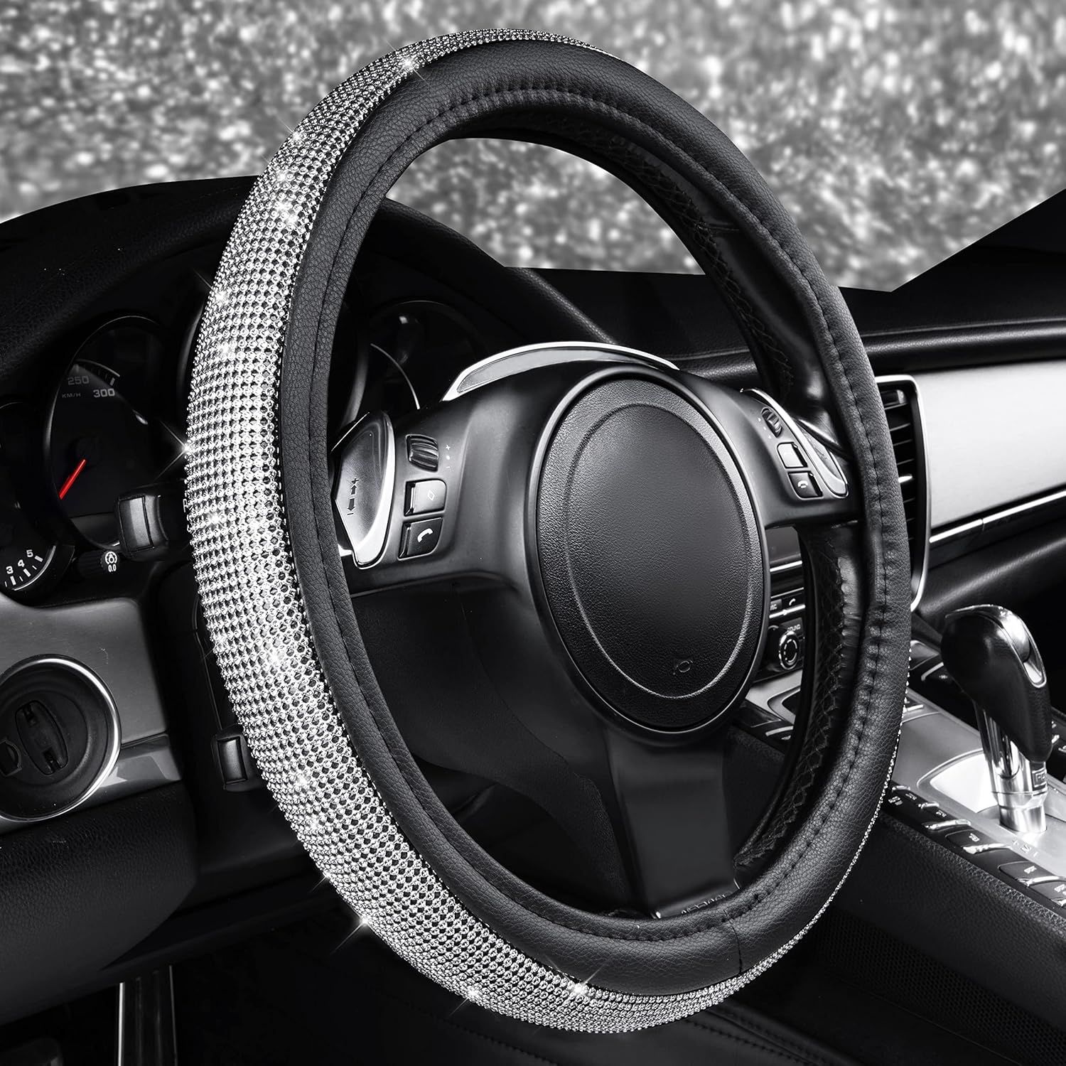Bling Diamond Leather Steering Wheel Cover, with Bling Sparkly Crystal Glitter Rhinestones Universal Fit 14.5in-15in Car Wheel Protector for Women Girl Fit Suvs,Vans,Sedans,Car,Trucks, Silver - Image 3
