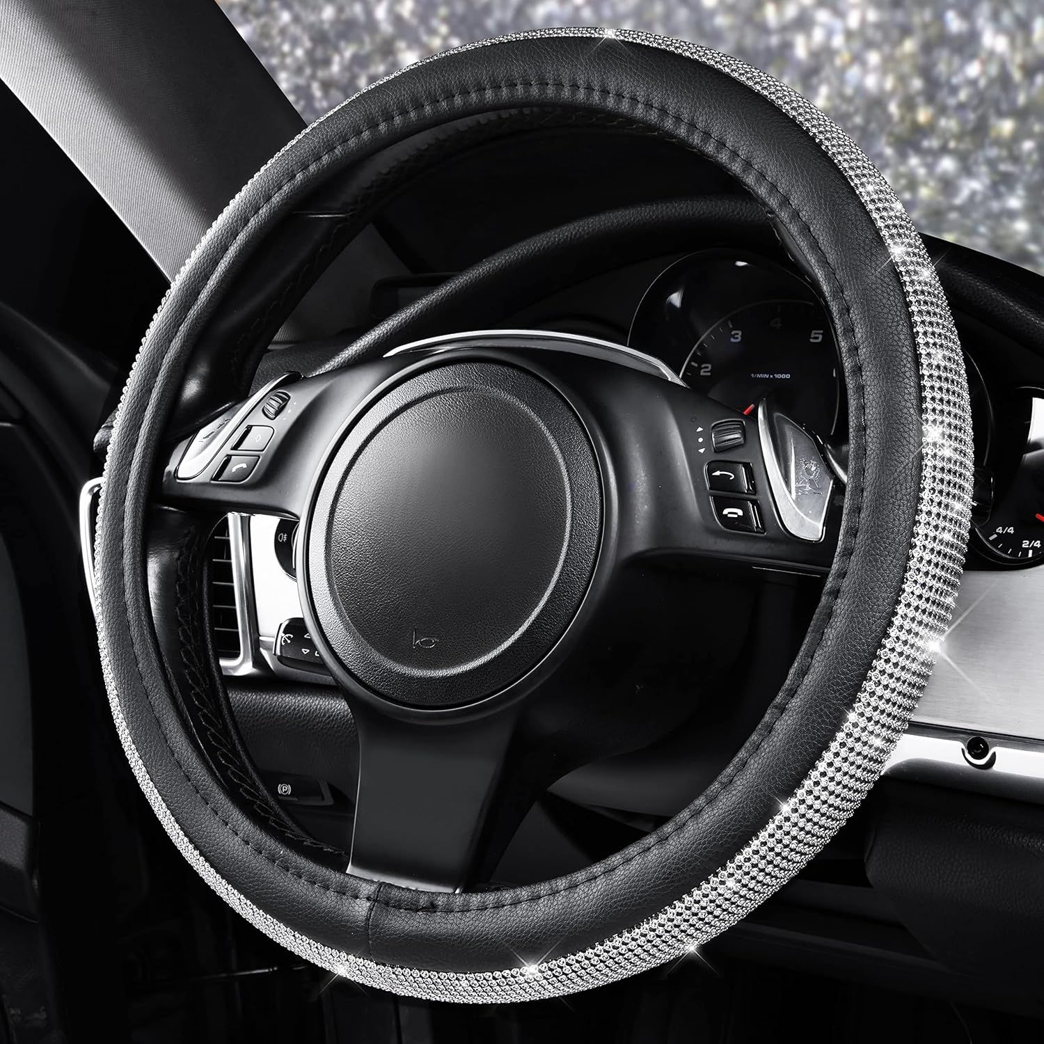Bling Diamond Leather Steering Wheel Cover, with Bling Sparkly Crystal Glitter Rhinestones Universal Fit 14.5in-15in Car Wheel Protector for Women Girl Fit Suvs,Vans,Sedans,Car,Trucks, Silver - Image 4
