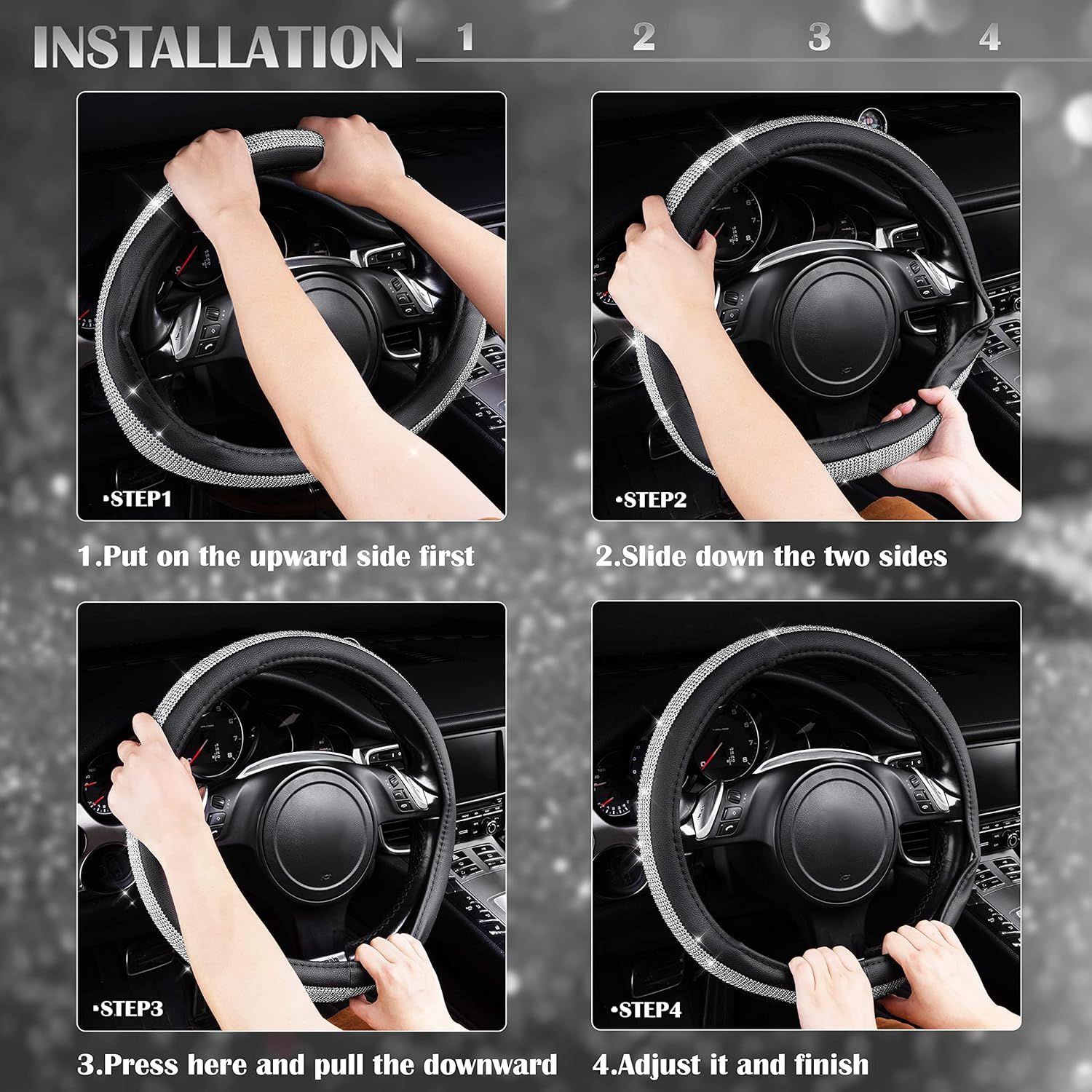 Bling Diamond Leather Steering Wheel Cover, with Bling Sparkly Crystal Glitter Rhinestones Universal Fit 14.5in-15in Car Wheel Protector for Women Girl Fit Suvs,Vans,Sedans,Car,Trucks, Silver - Image 6
