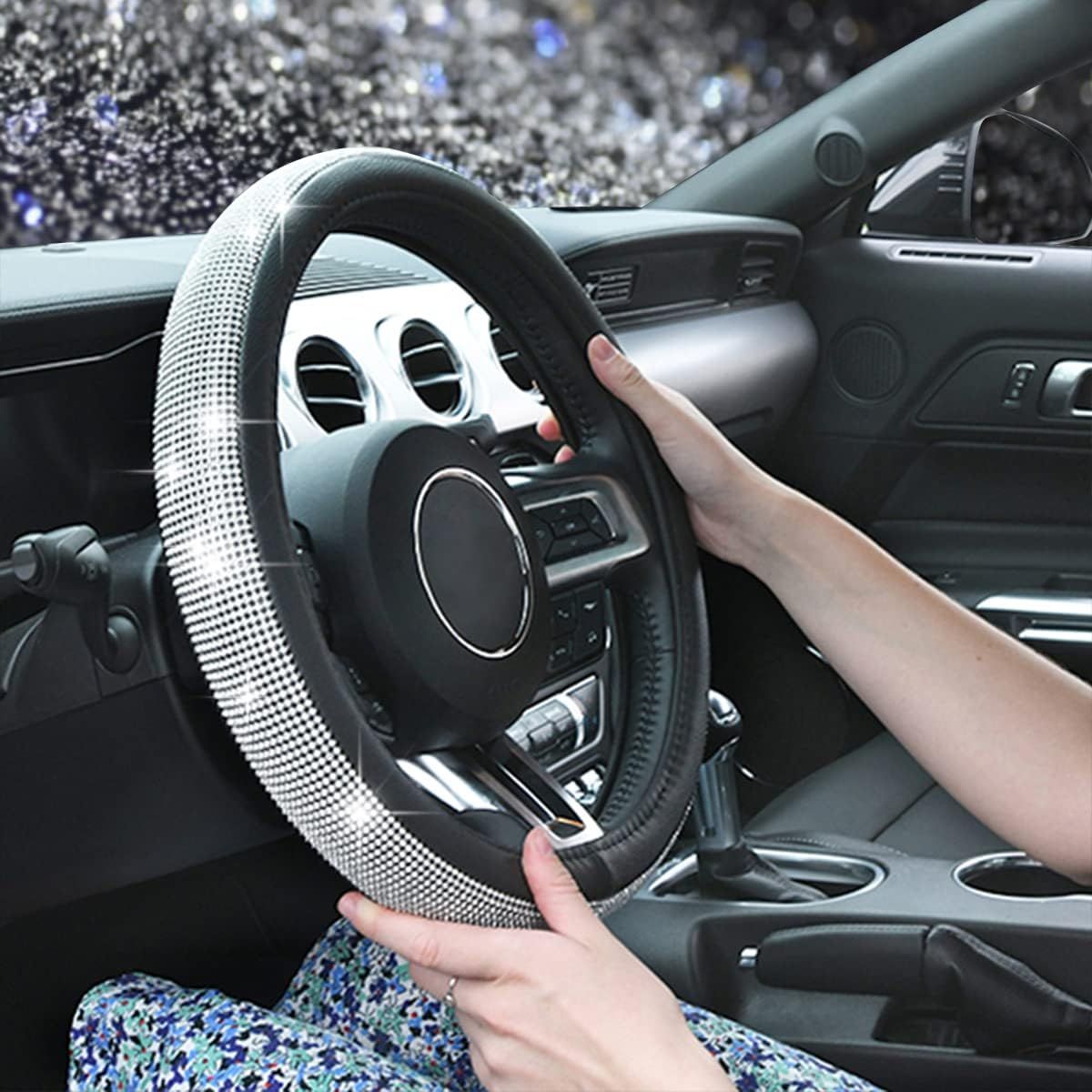 Bling Diamond Leather Steering Wheel Cover, with Bling Sparkly Crystal Glitter Rhinestones Universal Fit 14.5in-15in Car Wheel Protector for Women Girl Fit Suvs,Vans,Sedans,Car,Trucks, Silver - Image 7