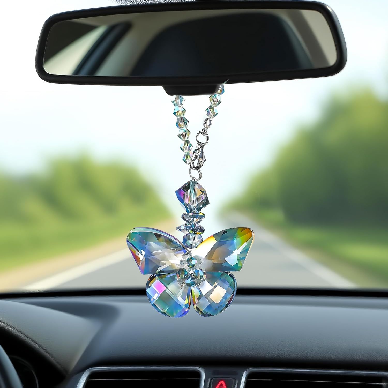Crystal Glass Butterfly Car Key Charm Mirror Hanging Ornaments Gift (Butterfly-1) - Image 3