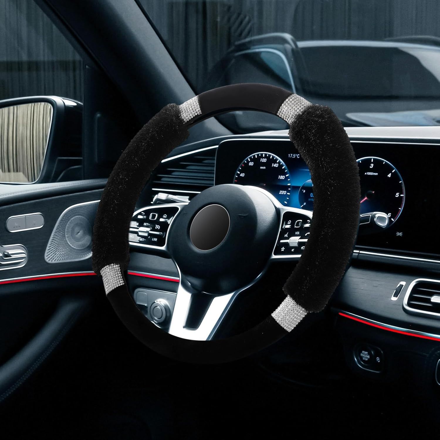 Rhinestone Fluffy Steering Wheel Cover - Comfortable Non-Slip Luxury Faux Wool, Universal Fit for 14.5