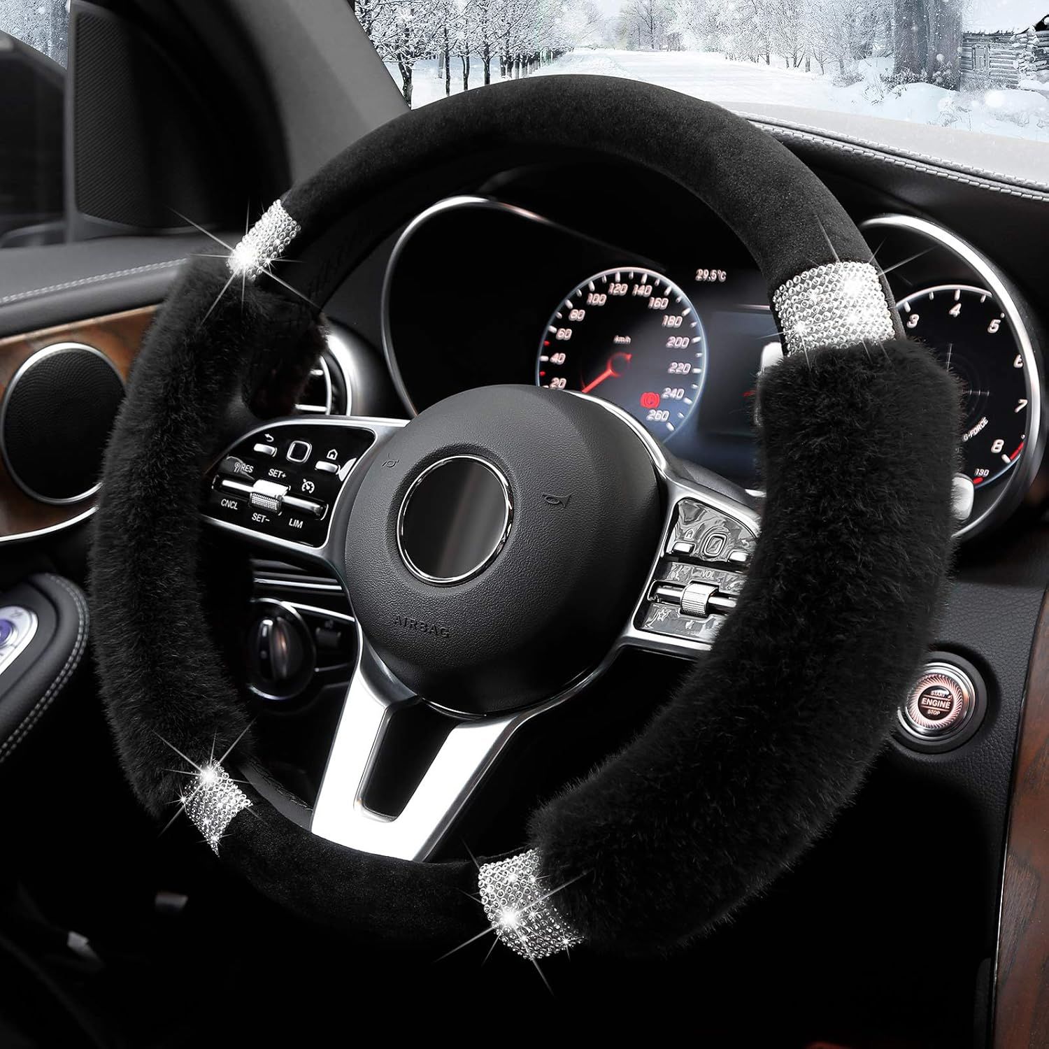 Rhinestone Fluffy Steering Wheel Cover - Comfortable Non-Slip Luxury Faux Wool, Universal Fit for 14.5