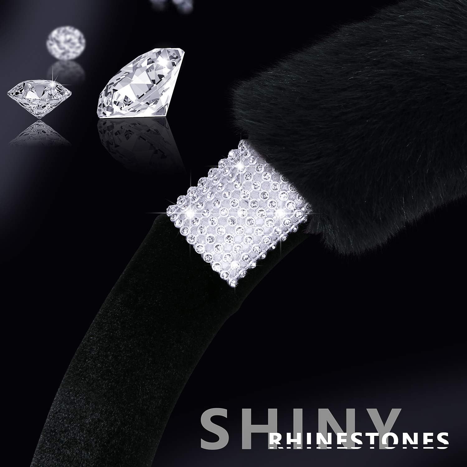 Rhinestone Fluffy Steering Wheel Cover - Comfortable Non-Slip Luxury Faux Wool, Universal Fit for 14.5