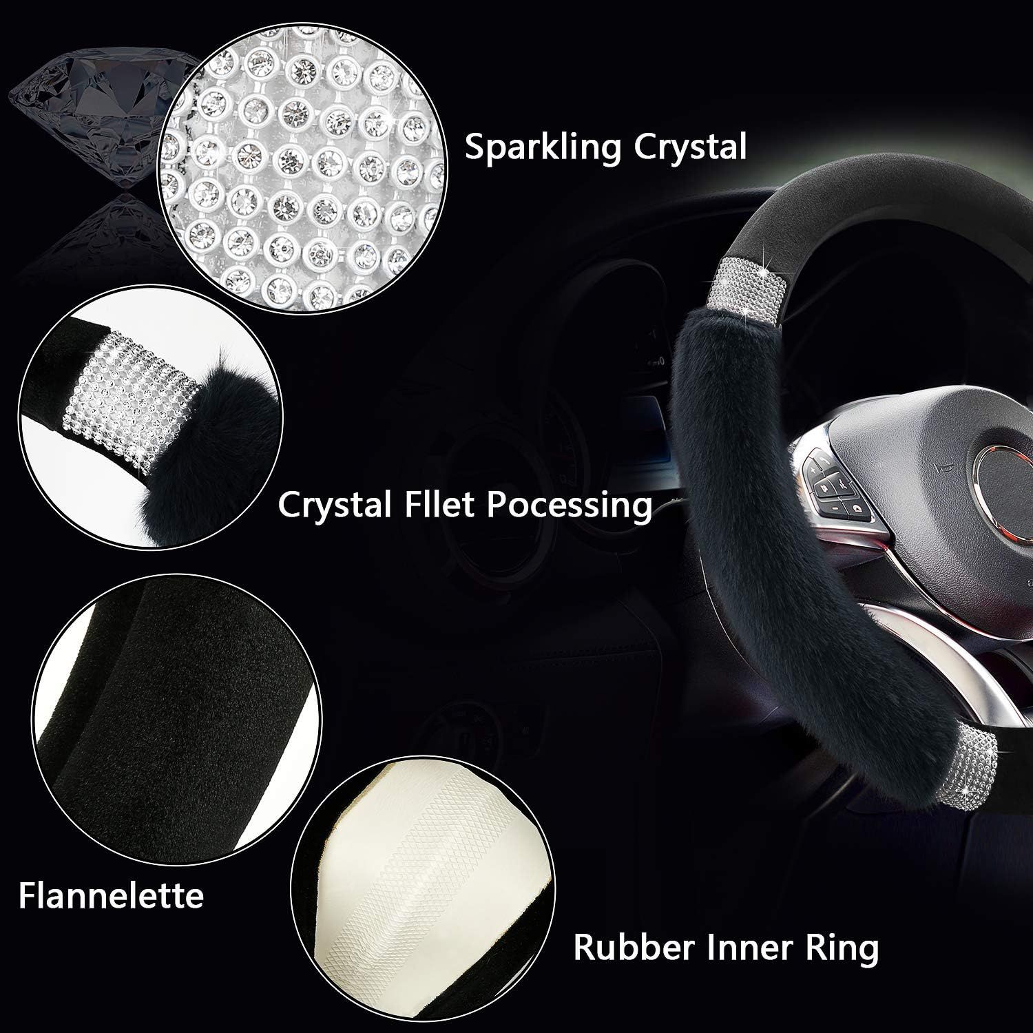 Rhinestone Fluffy Steering Wheel Cover - Comfortable Non-Slip Luxury Faux Wool, Universal Fit for 14.5