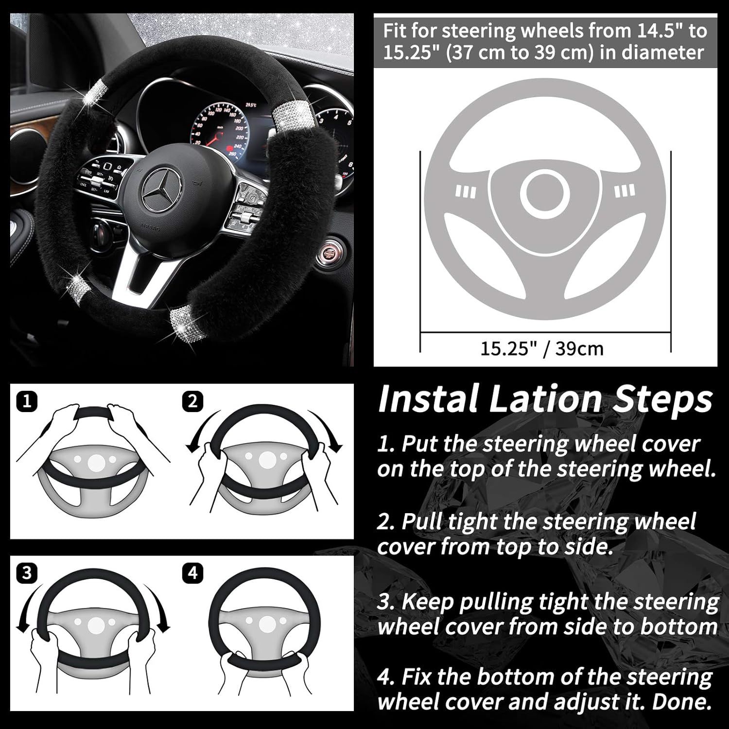 Rhinestone Fluffy Steering Wheel Cover - Comfortable Non-Slip Luxury Faux Wool, Universal Fit for 14.5