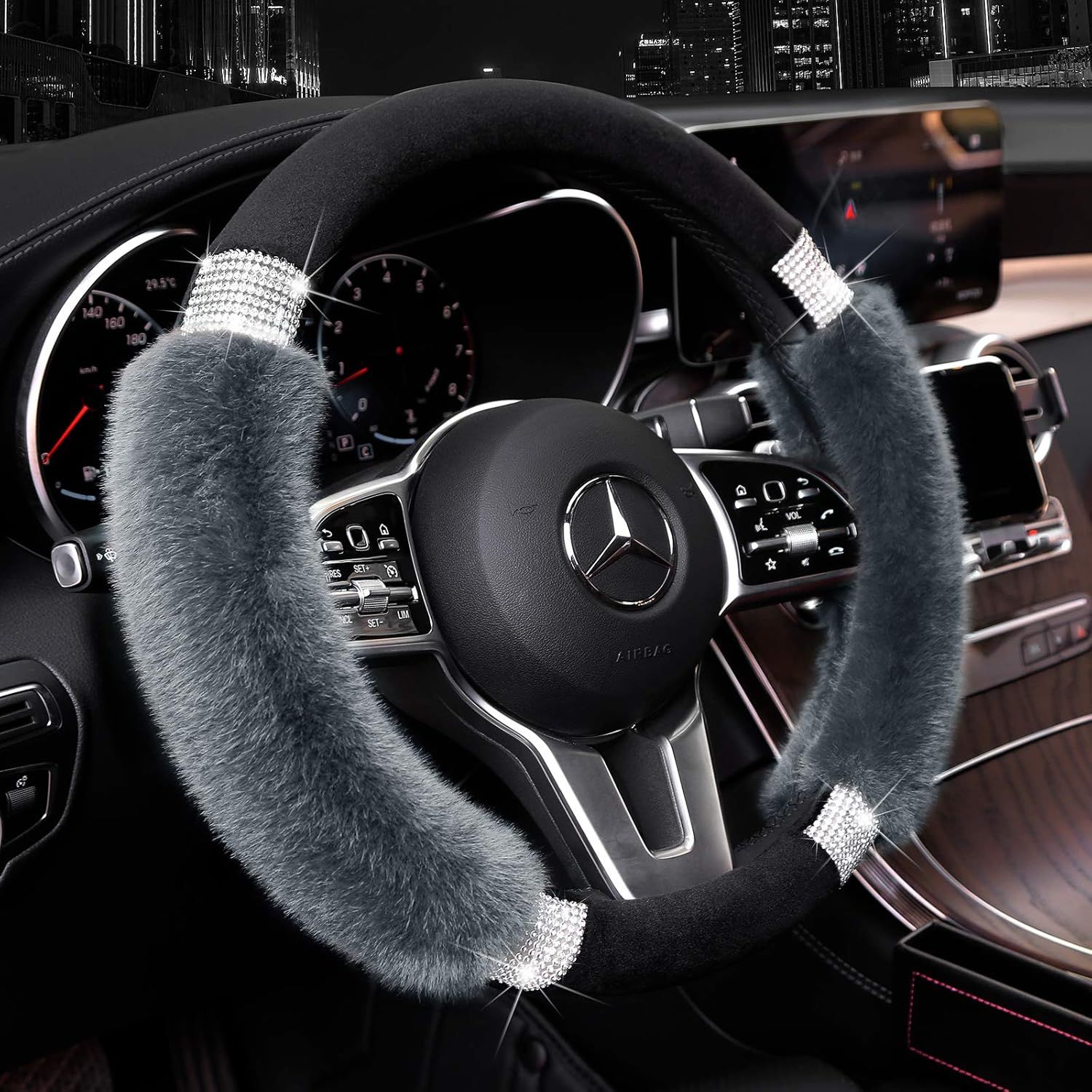 Rhinestone Fluffy Steering Wheel Cover - Comfortable Non-Slip Luxury Faux Wool, Universal Fit for 14.5