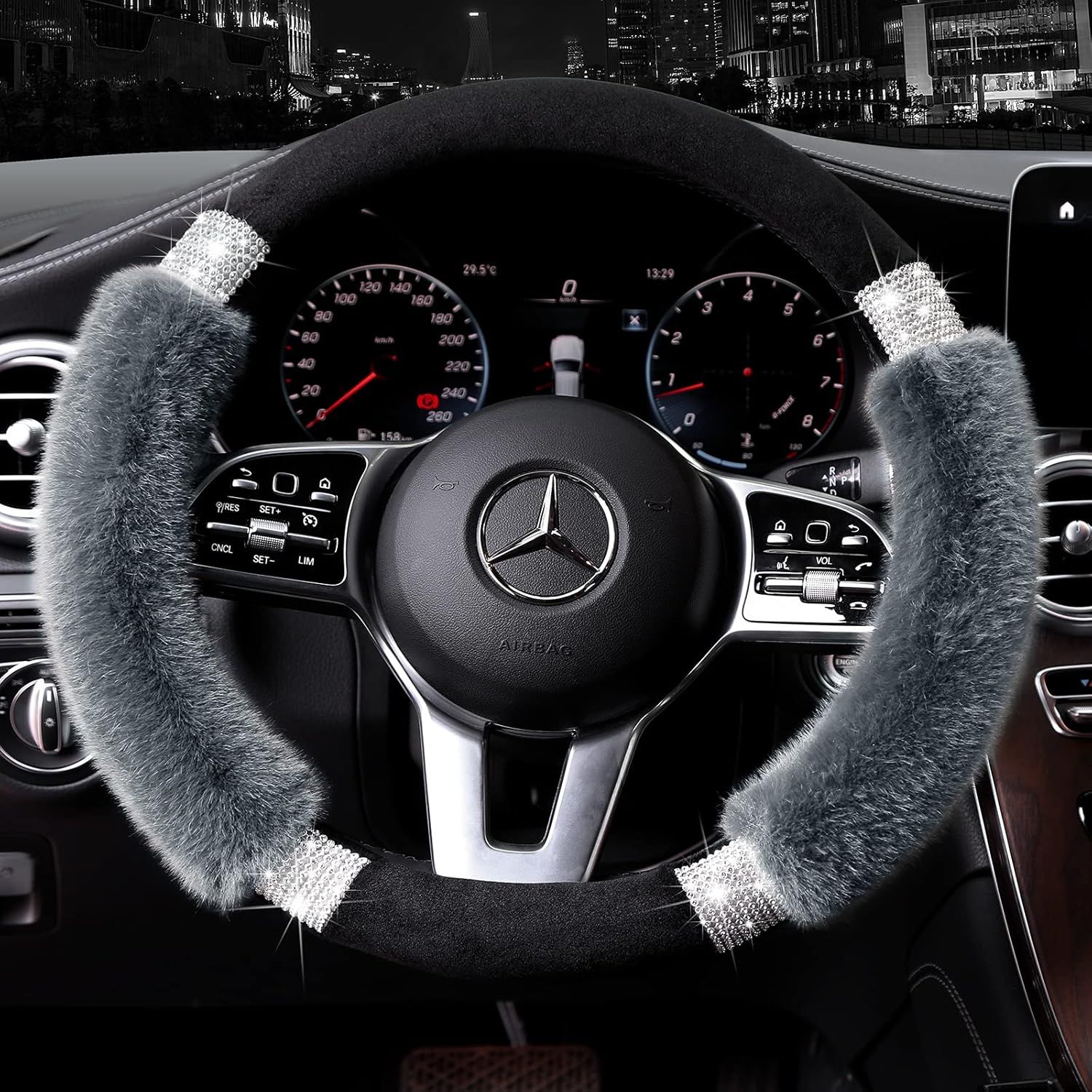 Rhinestone Fluffy Steering Wheel Cover - Comfortable Non-Slip Luxury Faux Wool, Universal Fit for 14.5