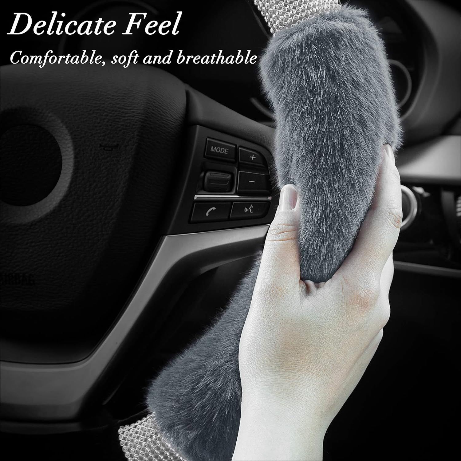 Rhinestone Fluffy Steering Wheel Cover - Comfortable Non-Slip Luxury Faux Wool, Universal Fit for 14.5
