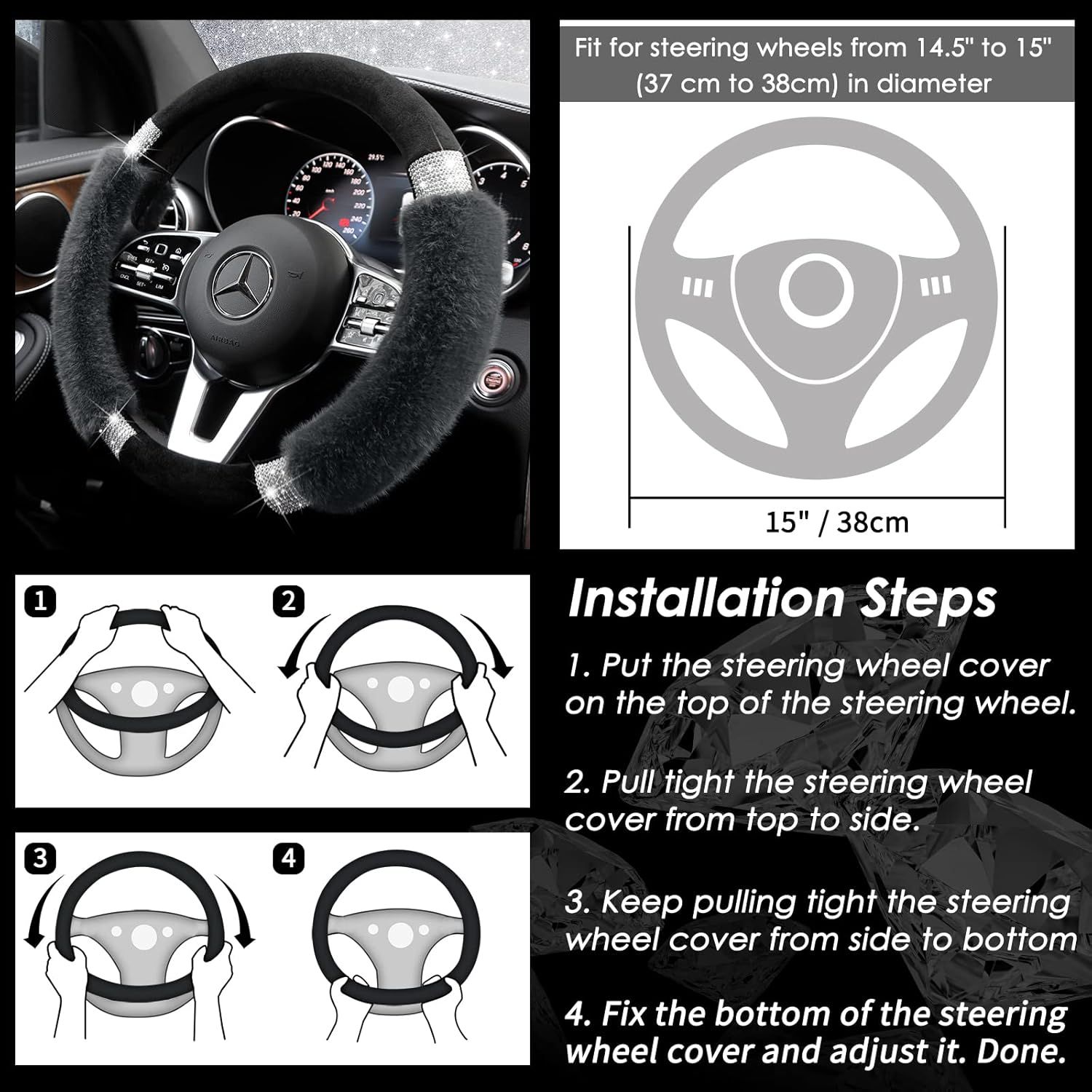 Rhinestone Fluffy Steering Wheel Cover - Comfortable Non-Slip Luxury Faux Wool, Universal Fit for 14.5