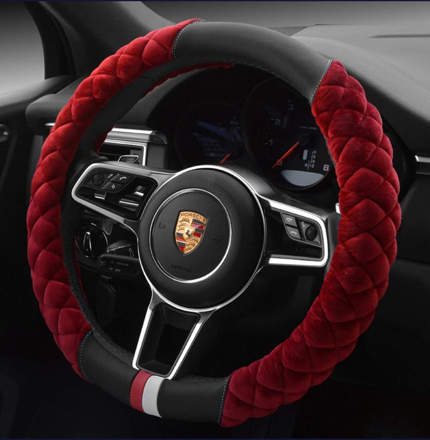 Luxury Fluffy Steering Wheel Cover for Women,Soft Warm Short Plush Steering Wheel Cover Red Fuzzy with Universal 14.5-15 Inch - Image 1
