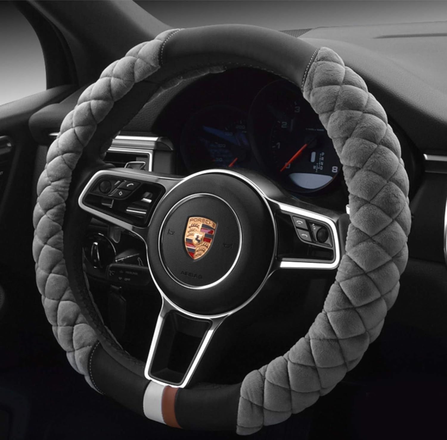 Luxury Fluffy Steering Wheel Cover for Men Women,Soft Warm Short Plush Steering Wheel Cover Gray Fuzzy with Universal 14.5-15 Inch - Image 1