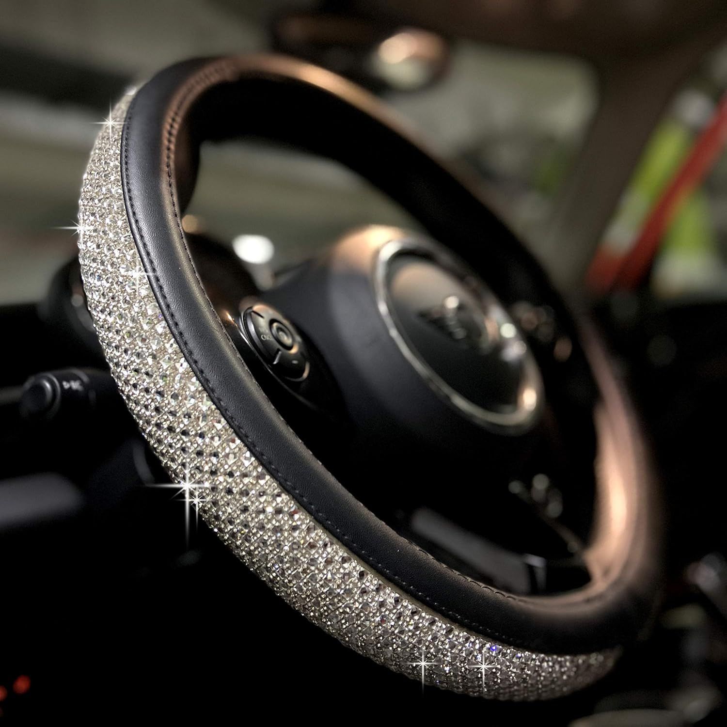 Bling Bling Comfy Steering Wheel Cover with Jumbo Crystal Rhinestones, Anti-Slip Diamond Leather, Universal 15 Inch (Silver) - Image 1