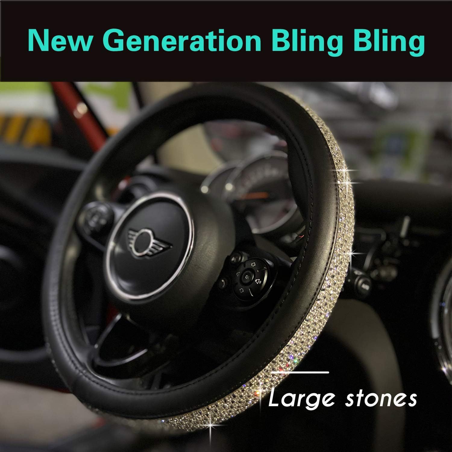 Bling Bling Comfy Steering Wheel Cover with Jumbo Crystal Rhinestones, Anti-Slip Diamond Leather, Universal 15 Inch (Silver) - Image 2