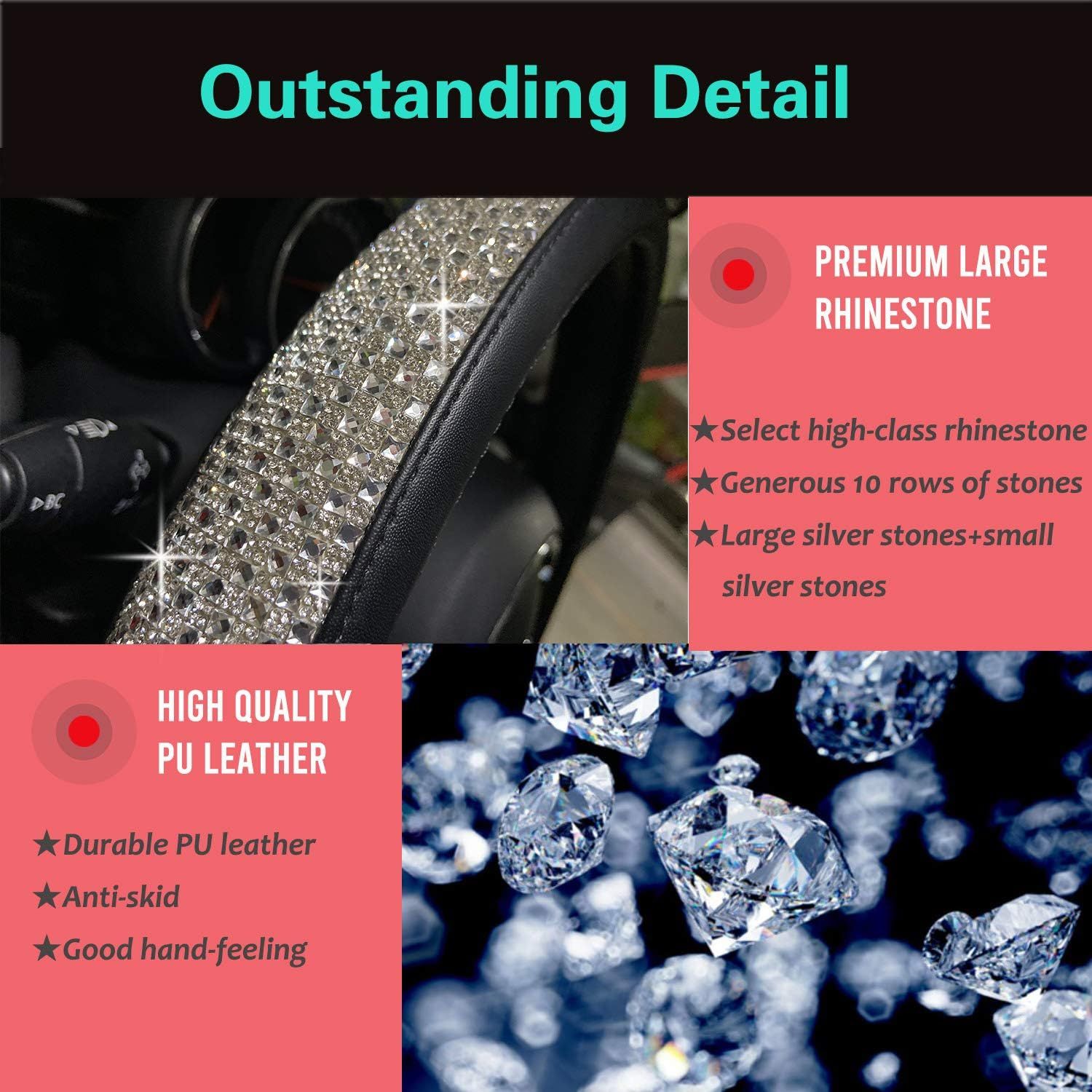 Bling Bling Comfy Steering Wheel Cover with Jumbo Crystal Rhinestones, Anti-Slip Diamond Leather, Universal 15 Inch (Silver) - Image 3