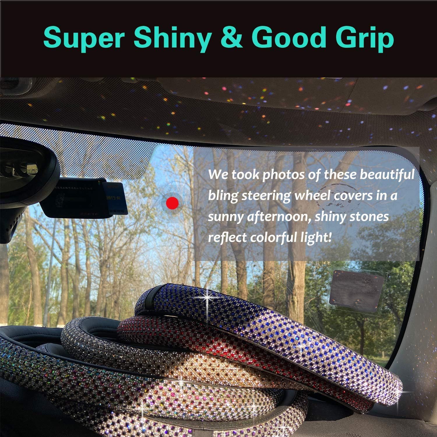Bling Bling Comfy Steering Wheel Cover with Jumbo Crystal Rhinestones, Anti-Slip Diamond Leather, Universal 15 Inch (Silver) - Image 4