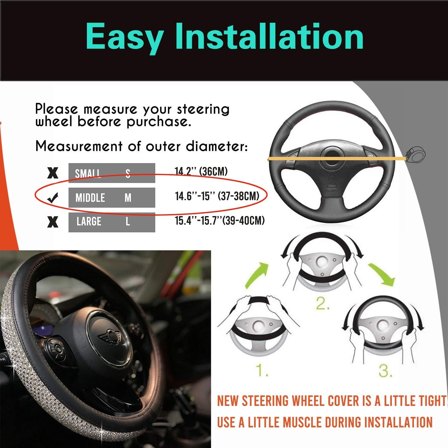 Bling Bling Comfy Steering Wheel Cover with Jumbo Crystal Rhinestones, Anti-Slip Diamond Leather, Universal 15 Inch (Silver) - Image 6