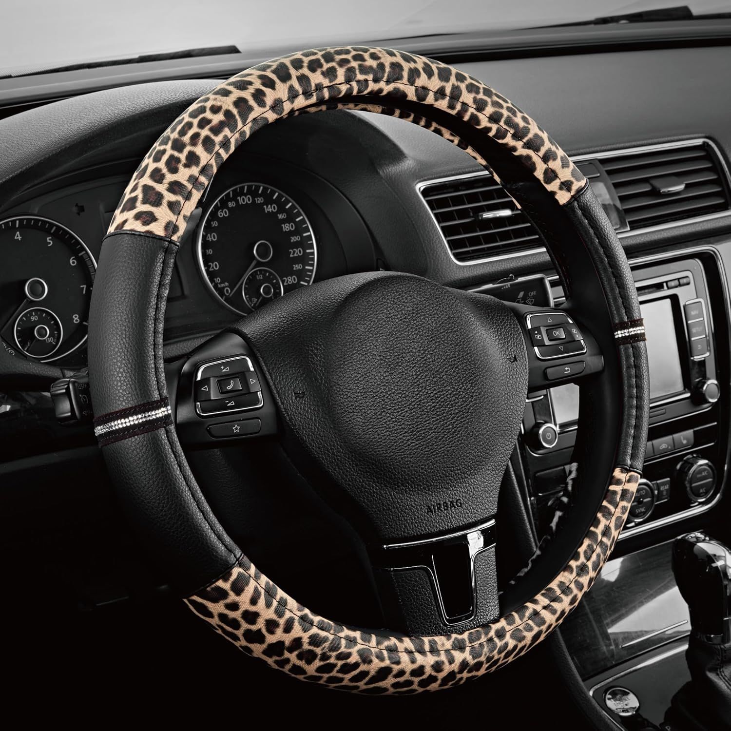 Leopard Steering Wheel Cover - Made with PVC Leather Cheetah Print - Anti-Slip, Universal Fit 14 1/2 inches to 15 inches - Black - Image 1