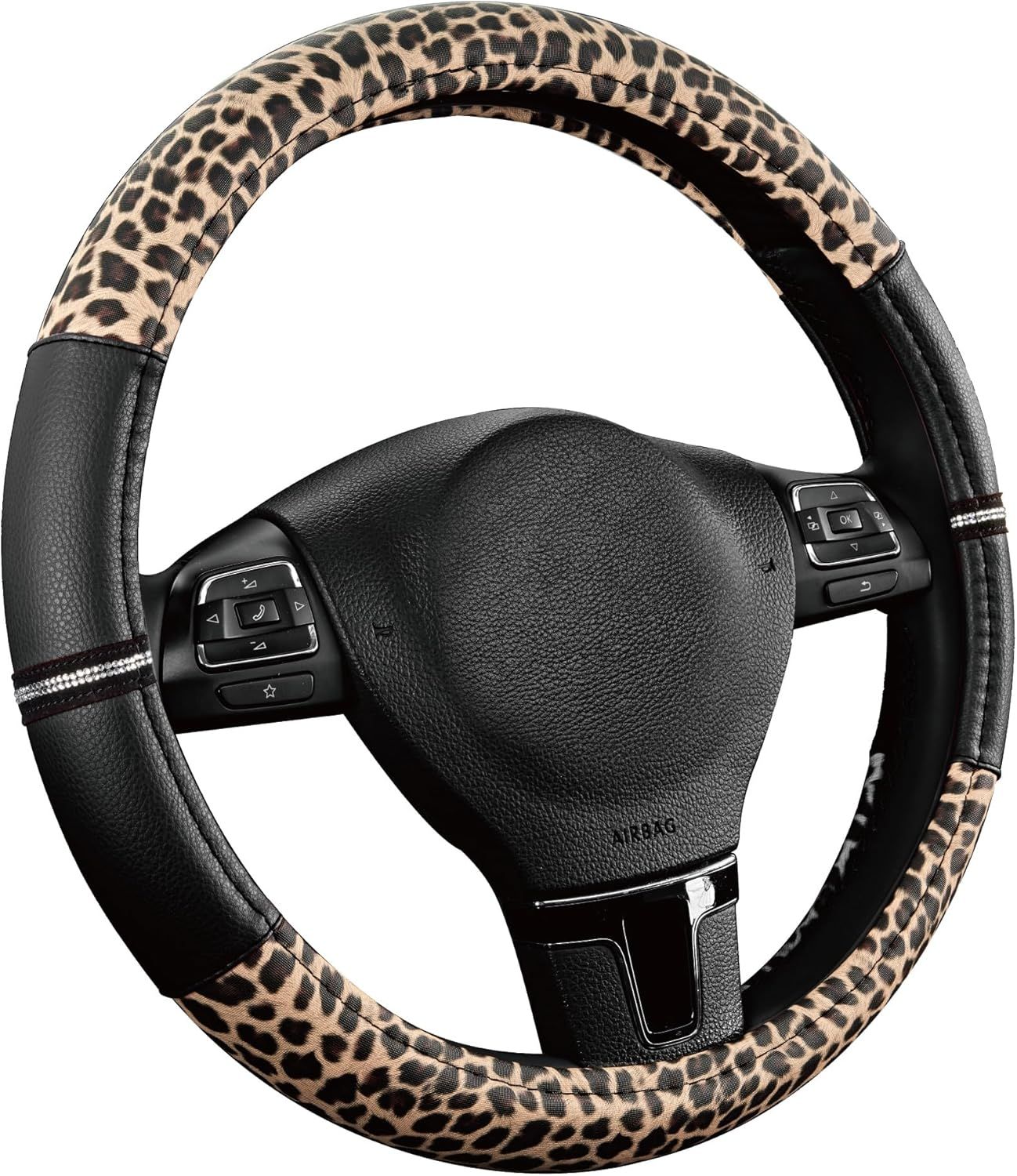 Leopard Steering Wheel Cover - Made with PVC Leather Cheetah Print - Anti-Slip, Universal Fit 14 1/2 inches to 15 inches - Black - Image 2