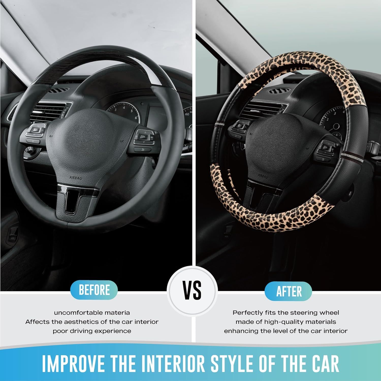 Leopard Steering Wheel Cover - Made with PVC Leather Cheetah Print - Anti-Slip, Universal Fit 14 1/2 inches to 15 inches - Black - Image 3