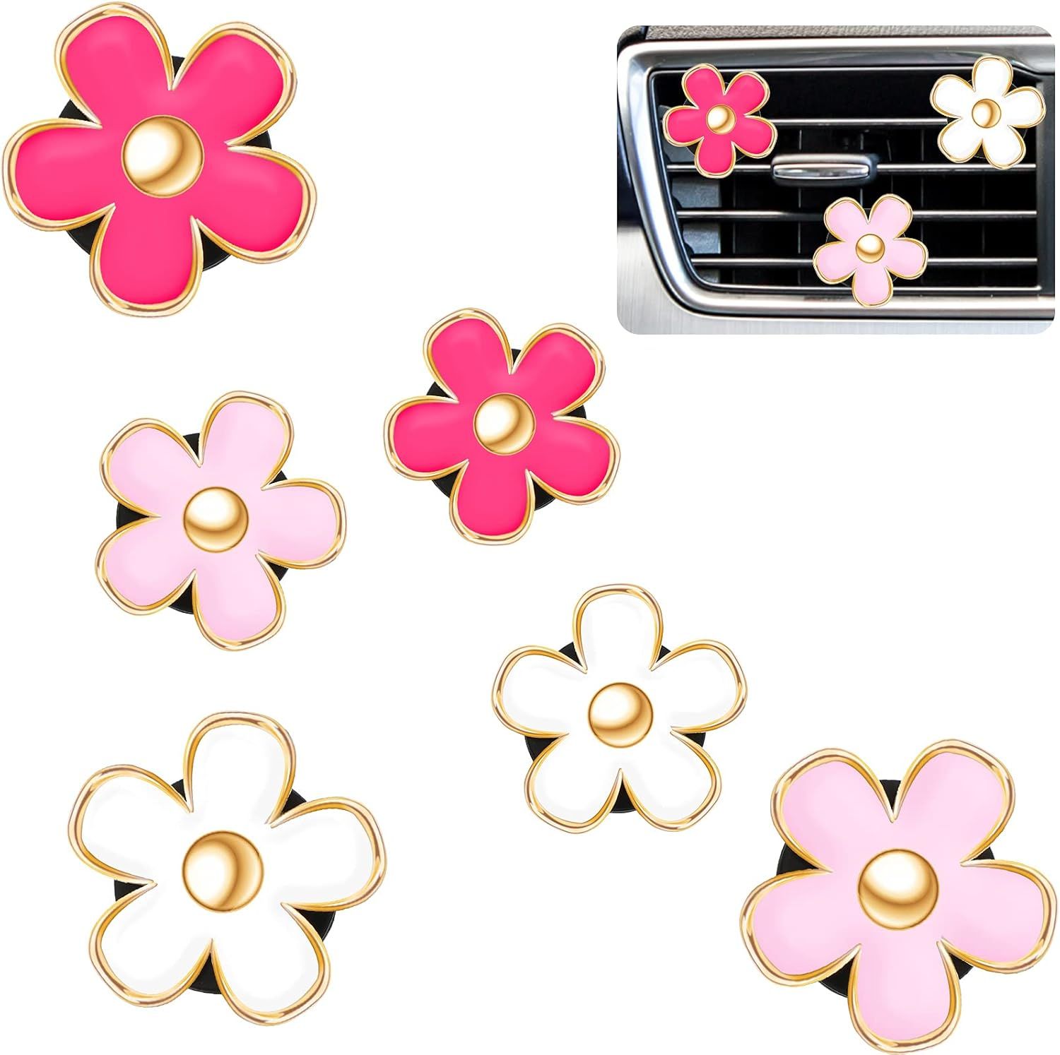 6 Pcs Daisy Flower Air Vent Clip Accessories Air Conditioning Outlet Clip Car Air Freshener Dashboard Accessories Charm Car Inter Decor(3 cm, 3.3 cm,Red, Pink, White) - Image 1