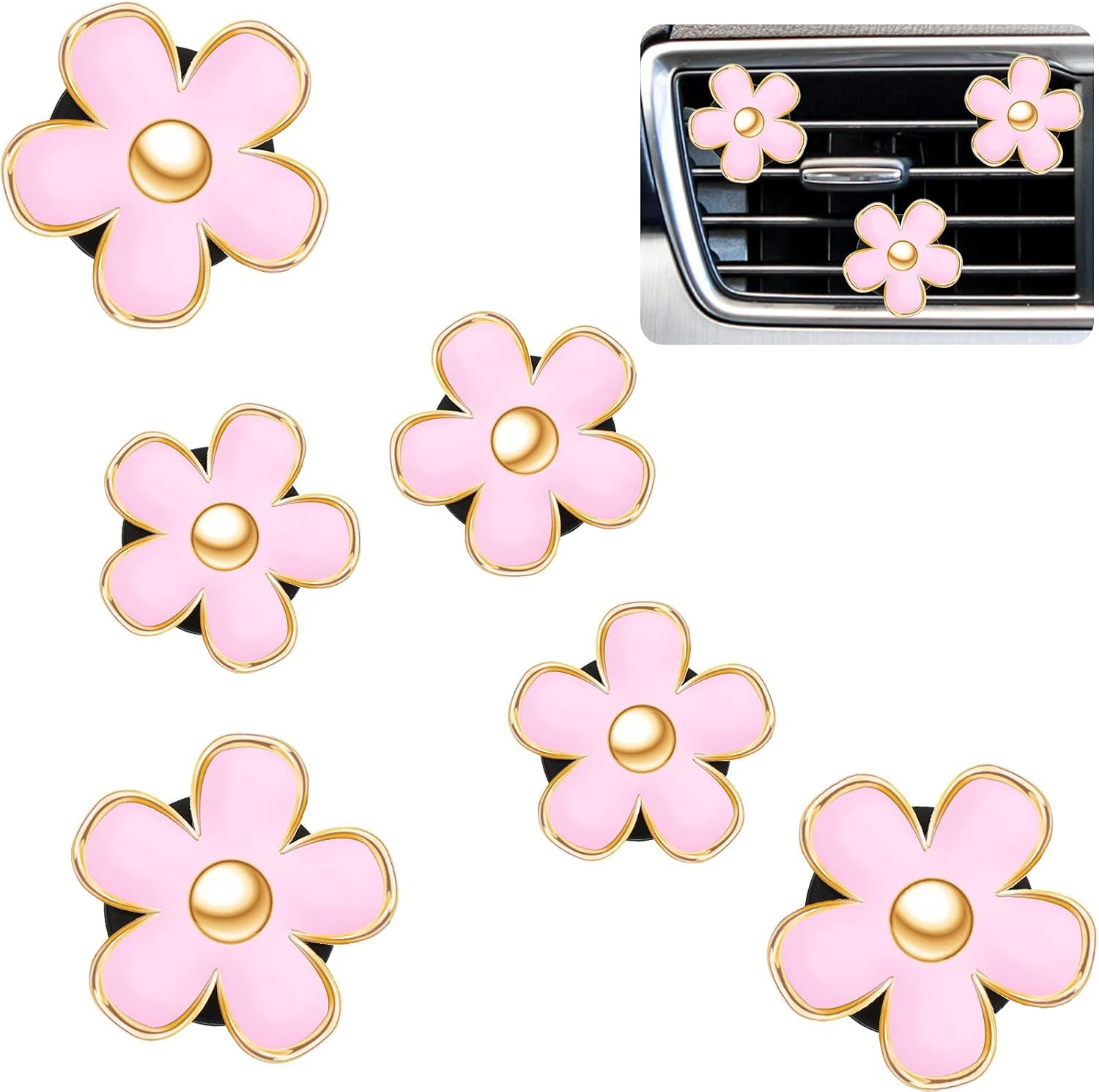 6 Pcs Daisy Flower Air Vent Clip Accessories Air Conditioning Outlet Clip Car Air Freshener Dashboard Accessories Charm Car Inter Decor(3 cm, 3.3 cm,Pink) - Image 1