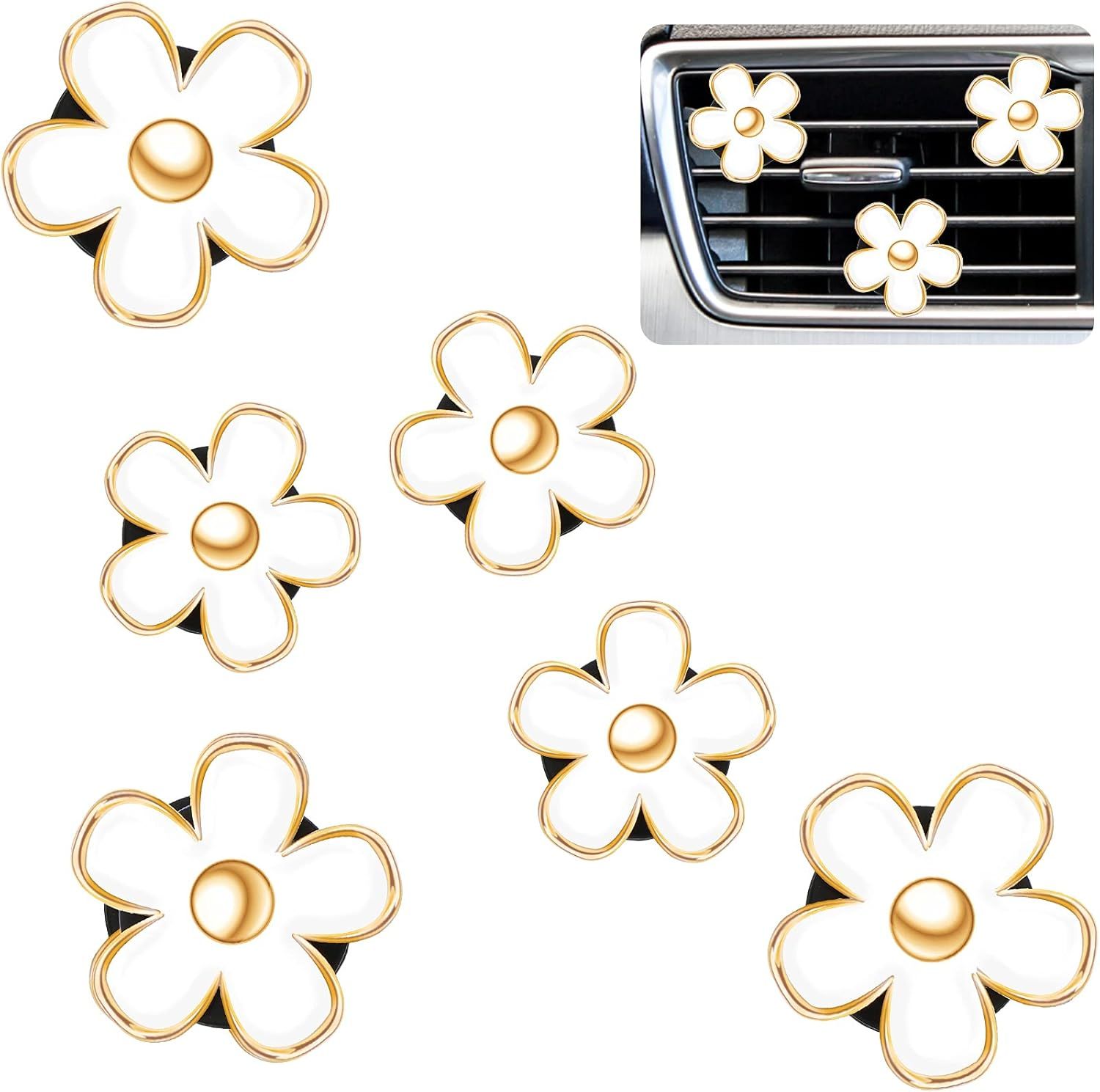 6 Pcs Daisy Flower Air Vent Clip Accessories Air Conditioning Outlet Clip Car Air Freshener Dashboard Accessories Charm Car Inter Decor(3 cm, 3.3 cm,White) - Image 1