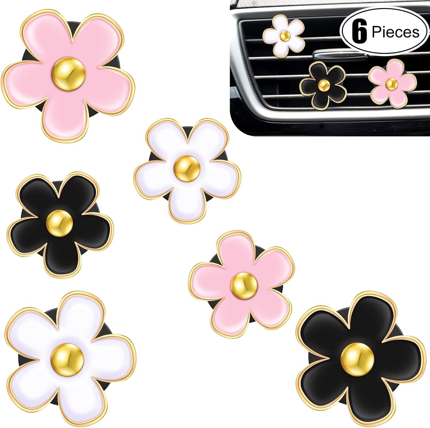 6 Pcs Daisy Flower Air Vent Clip Accessories Air Conditioning Outlet Clip Car Air Freshener Dashboard Accessories Charm Car Inter Decor(3 cm, 3.3 cm,Black, Pink, White) - Image 1