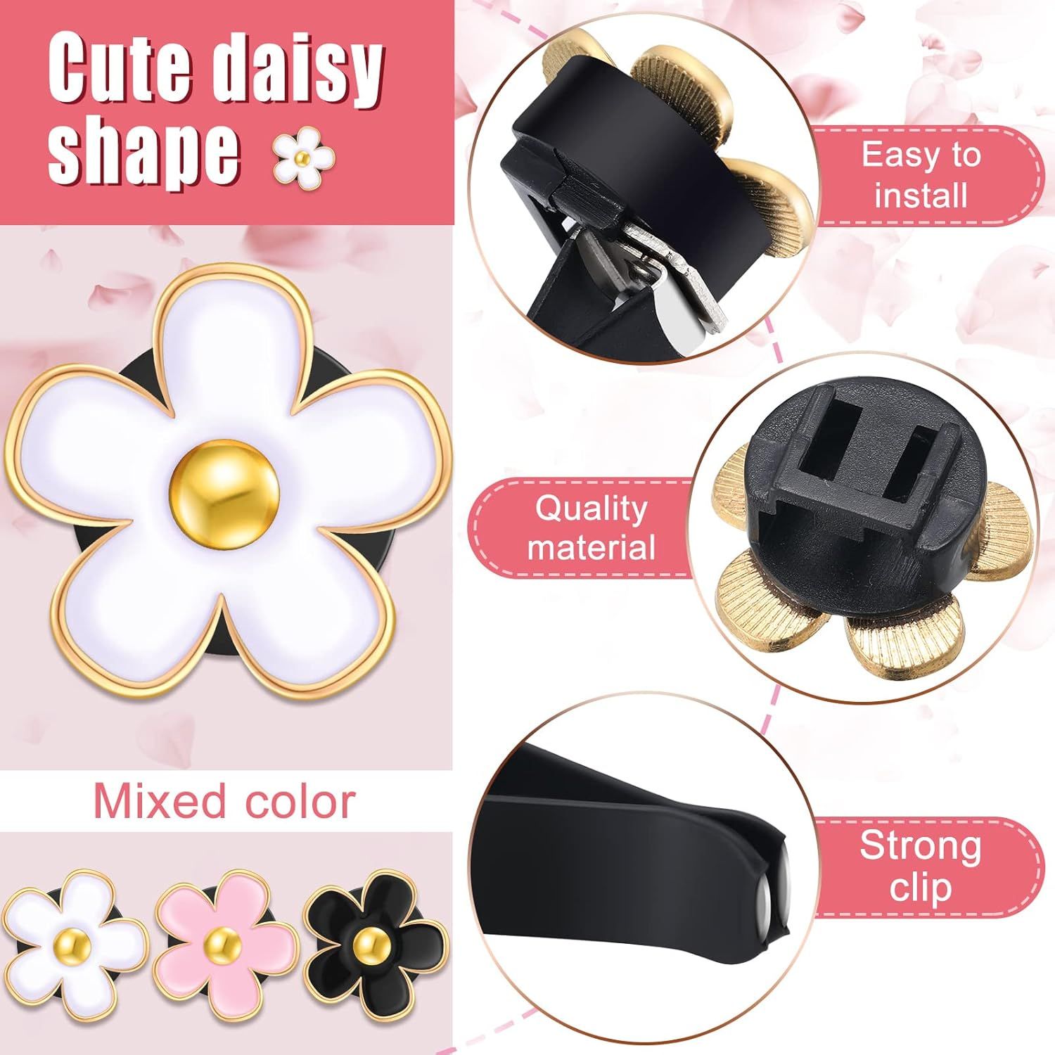 6 Pcs Daisy Flower Air Vent Clip Accessories Air Conditioning Outlet Clip Car Air Freshener Dashboard Accessories Charm Car Inter Decor(3 cm, 3.3 cm,Black, Pink, White) - Image 3