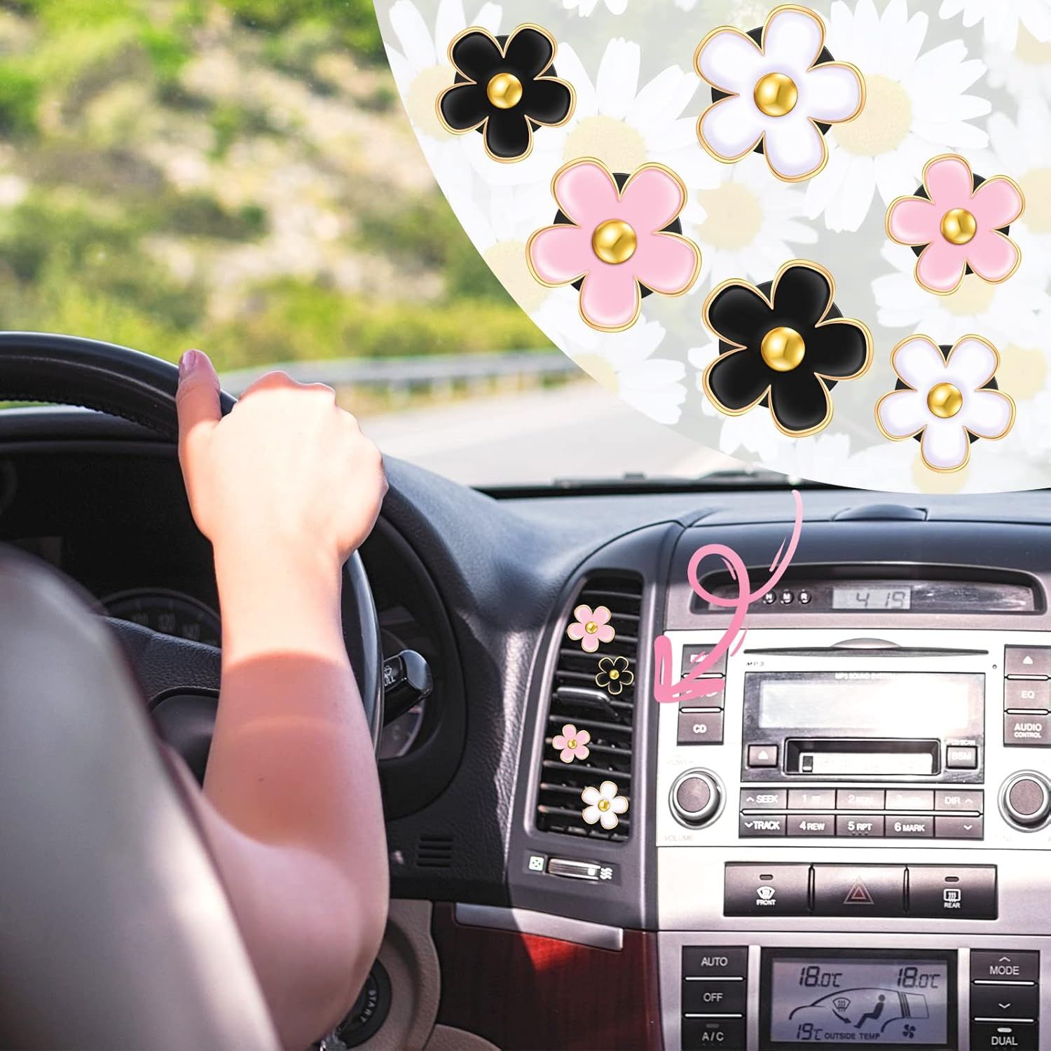 6 Pcs Daisy Flower Air Vent Clip Accessories Air Conditioning Outlet Clip Car Air Freshener Dashboard Accessories Charm Car Inter Decor(3 cm, 3.3 cm,Black, Pink, White) - Image 5