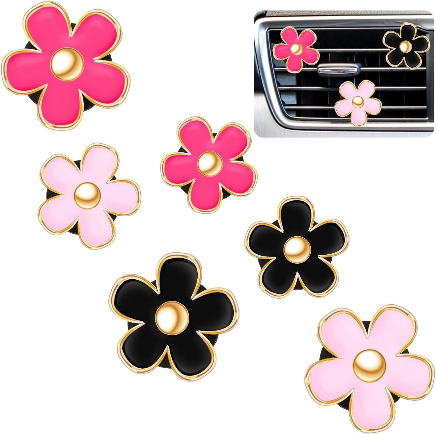 6 Pcs Daisy Flower Air Vent Clip Accessories Air Conditioning Outlet Clip Car Air Freshener Dashboard Accessories Charm Car Inter Decor(3 cm, 3.3 cm,Red, Pink, Black) - Image 1