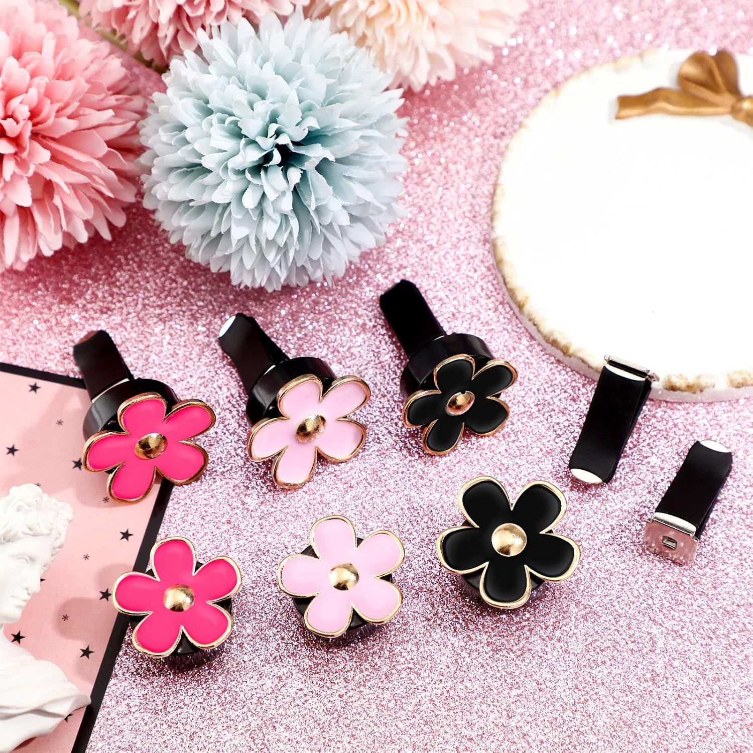 6 Pcs Daisy Flower Air Vent Clip Accessories Air Conditioning Outlet Clip Car Air Freshener Dashboard Accessories Charm Car Inter Decor(3 cm, 3.3 cm,Red, Pink, Black) - Image 4