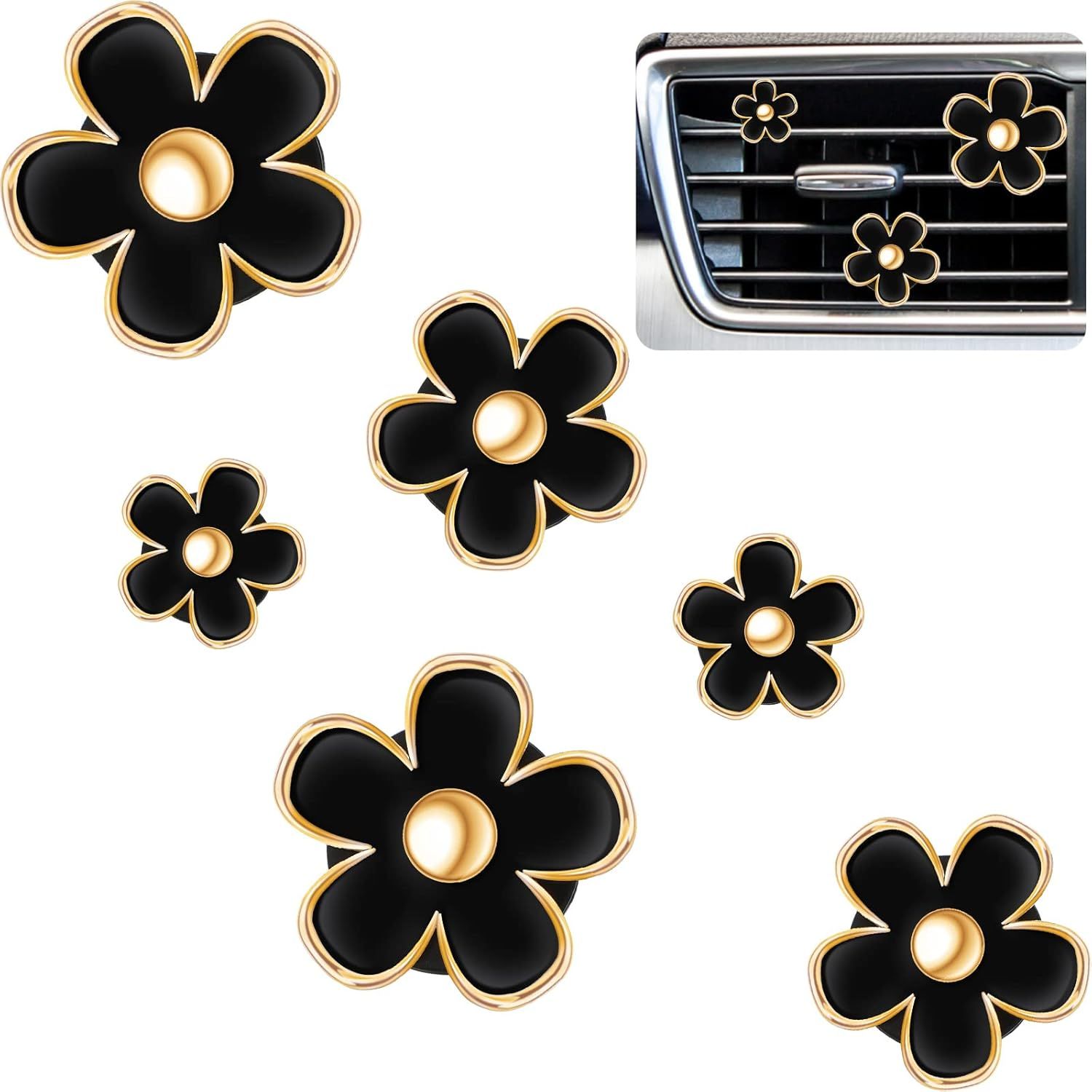 6 Pcs Daisy Flower Air Vent Clip Accessories Air Conditioning Outlet Clip Car Air Freshener Dashboard Accessories Charm Car Inter Decor(2.5 cm, 3 cm, 3.3 cm,Black) - Image 1