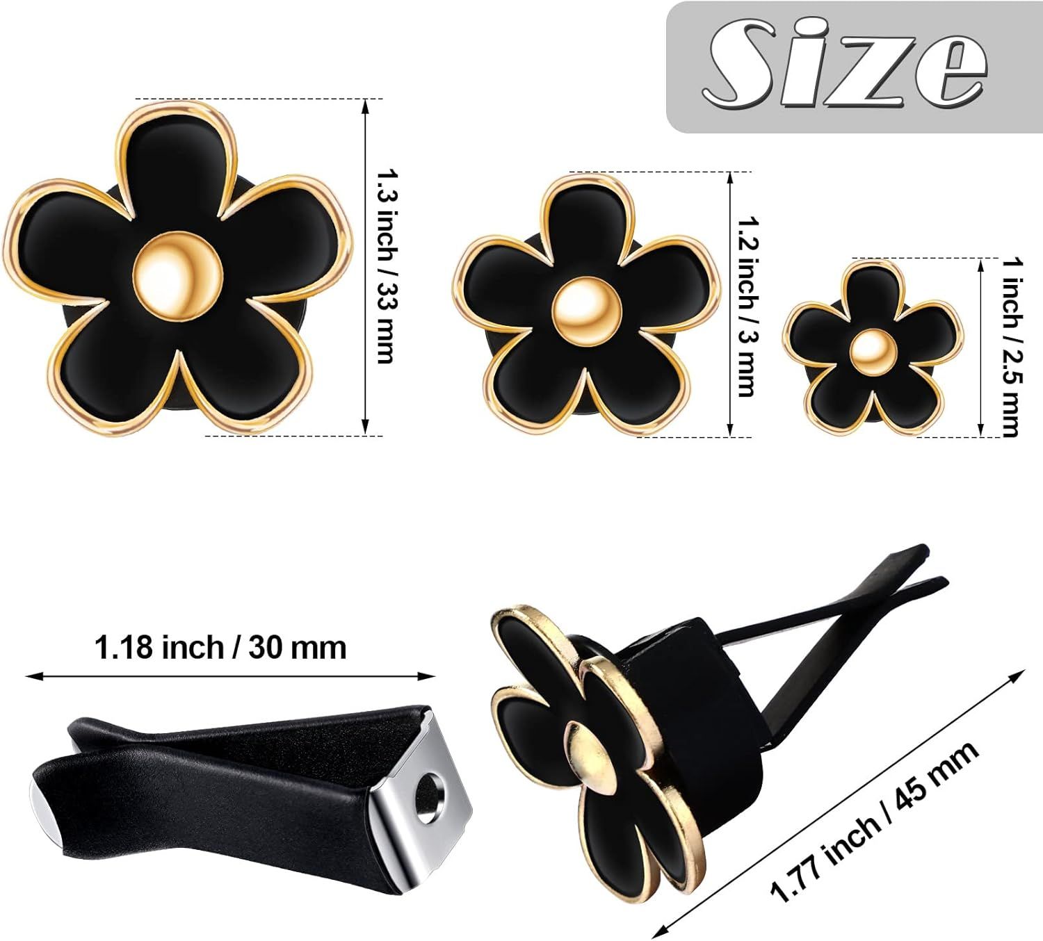6 Pcs Daisy Flower Air Vent Clip Accessories Air Conditioning Outlet Clip Car Air Freshener Dashboard Accessories Charm Car Inter Decor(2.5 cm, 3 cm, 3.3 cm,Black) - Image 2