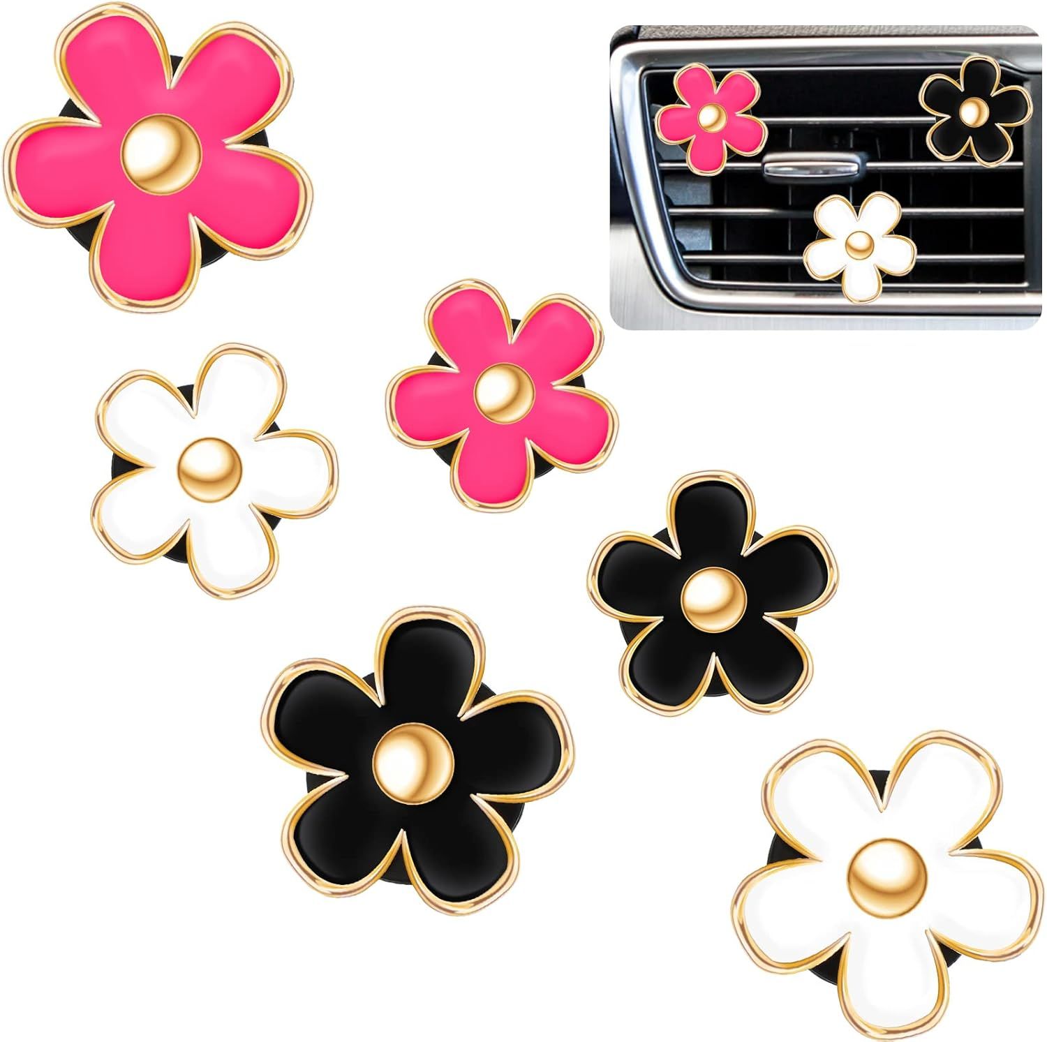 6 Pcs Daisy Flower Air Vent Clip Accessories Air Conditioning Outlet Clip Car Air Freshener Dashboard Accessories Charm Car Inter Decor(3 cm, 3.3 cm,Red, White, Black) - Image 1
