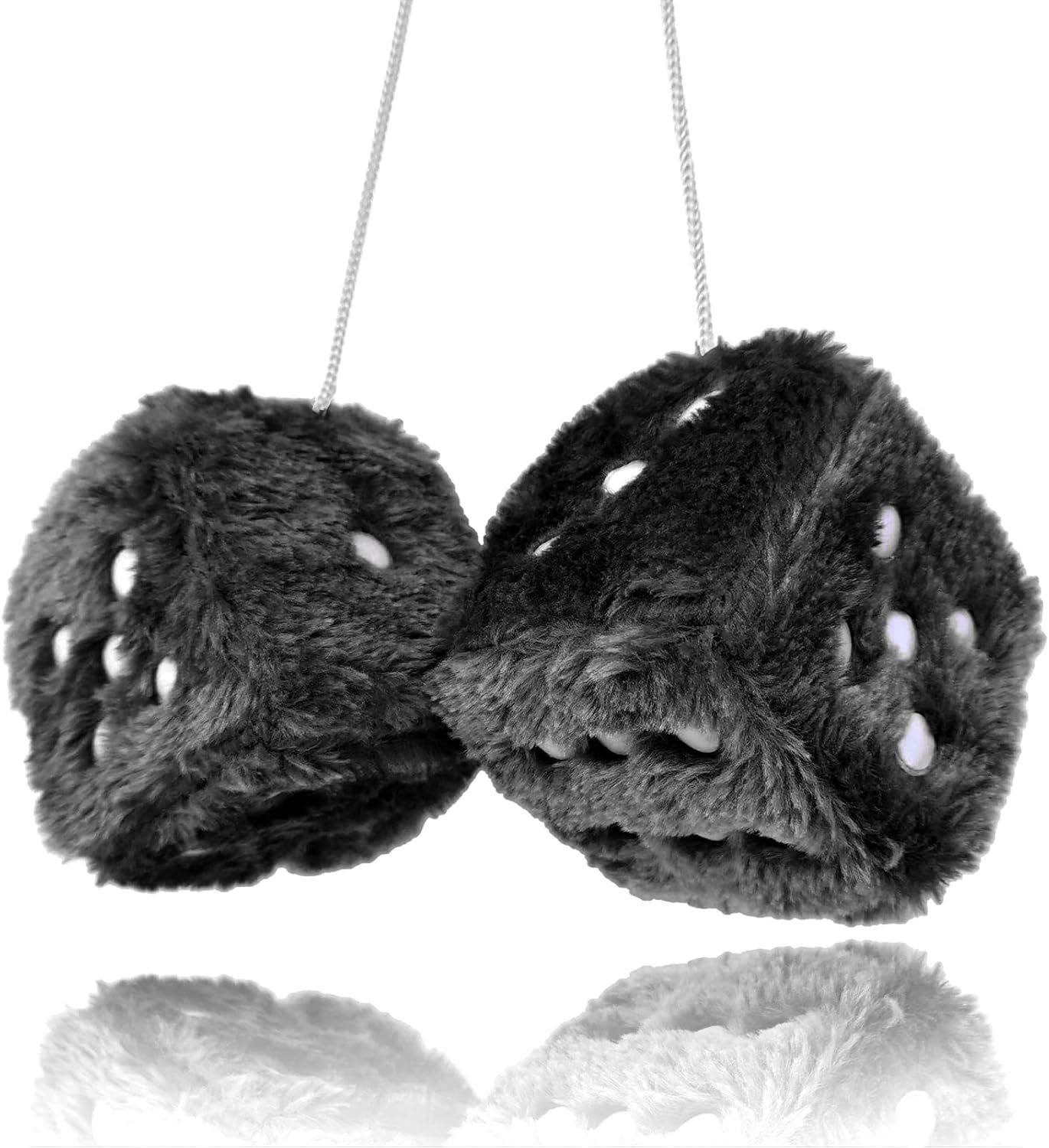 Pair 3” Black with White Dots Mirror Fuzzy Plush Dice, Black and White Soft Plush Car Decorative Hanging Ornament. - Image 1