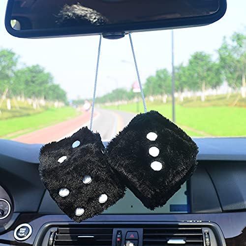 Pair 3” Black with White Dots Mirror Fuzzy Plush Dice, Black and White Soft Plush Car Decorative Hanging Ornament. - Image 2
