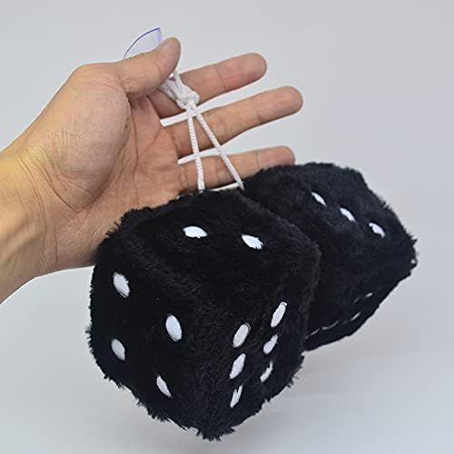 Pair 3” Black with White Dots Mirror Fuzzy Plush Dice, Black and White Soft Plush Car Decorative Hanging Ornament. - Image 3
