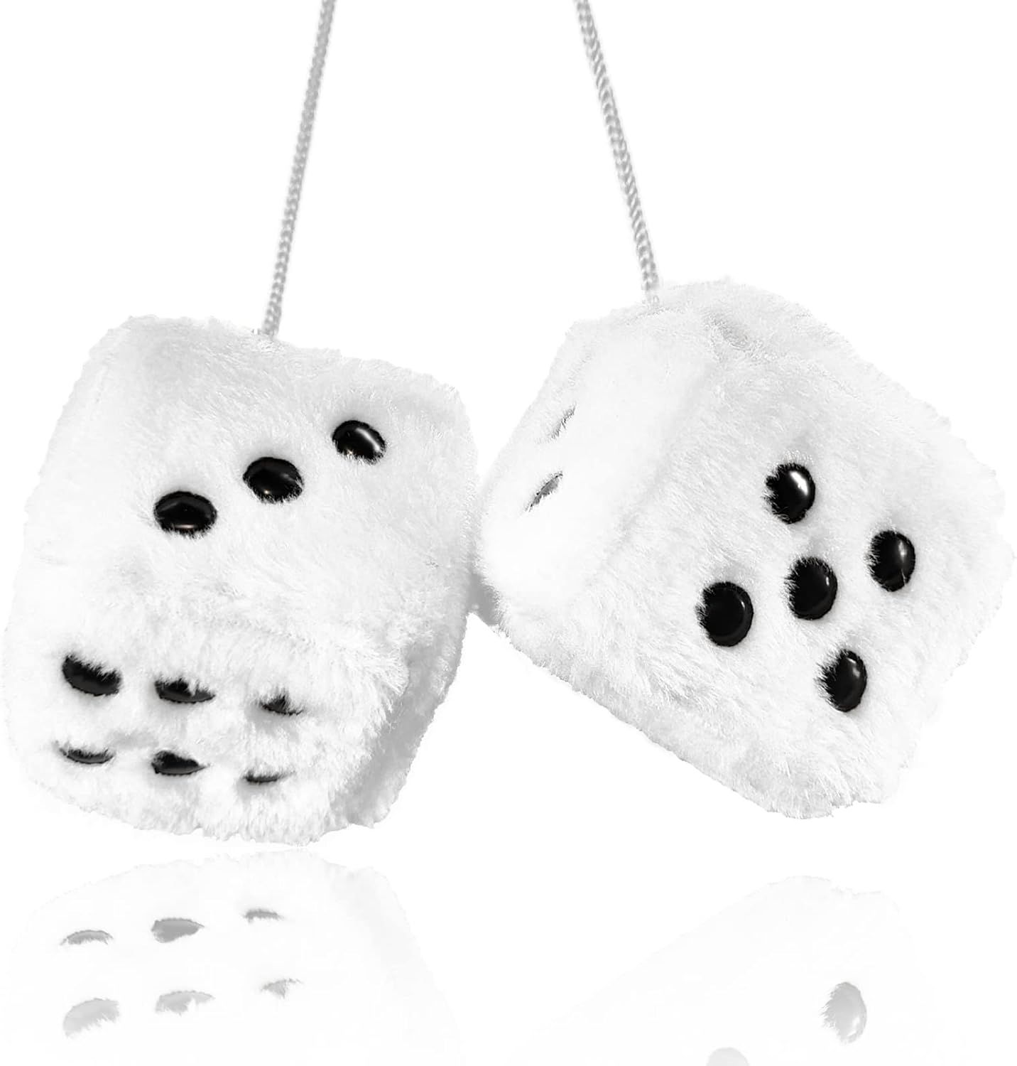 Pair 3” White with Black Dots Mirror Fuzzy Plush Dice, White and Black Soft Plush Car Decorative Hanging Ornament. - Image 1