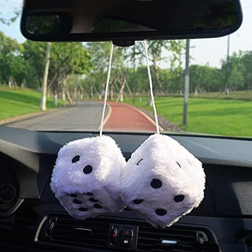 Pair 3” White with Black Dots Mirror Fuzzy Plush Dice, White and Black Soft Plush Car Decorative Hanging Ornament. - Image 2