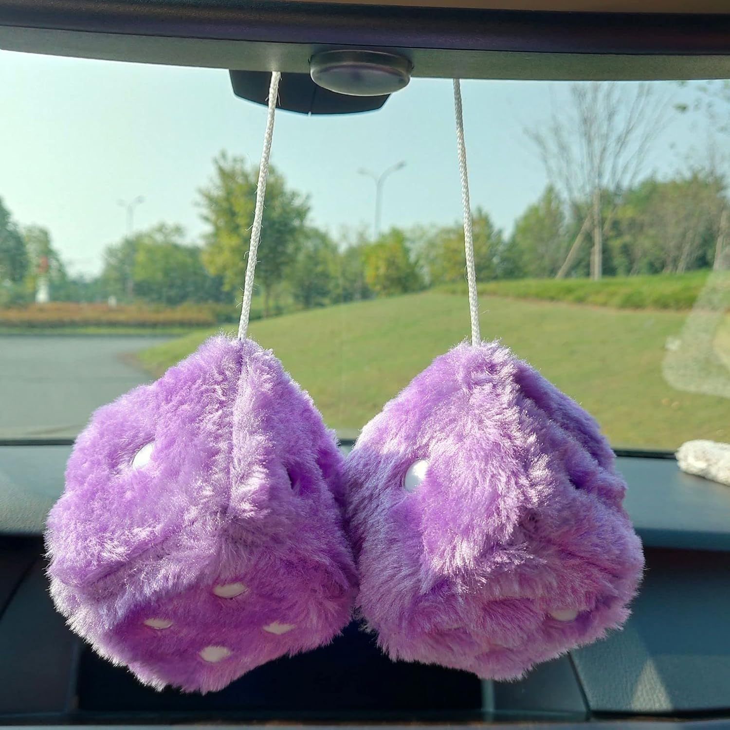 Pair 3” White with Black Dots Mirror Fuzzy Plush Dice, White and Black Soft Plush Car Decorative Hanging Ornament. - Image 3