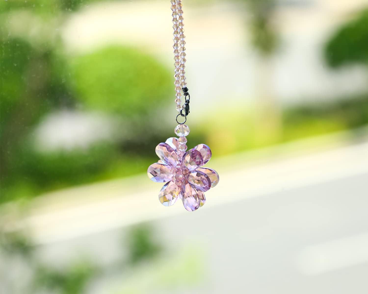 Crystal Flower Car Rear View Mirror Pendant - Pink Crystal Beads Charm Decor for Women Interior - Image 1