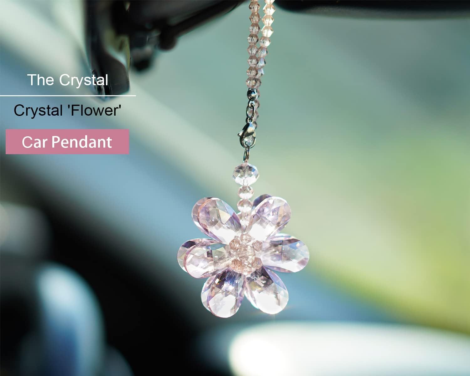 Crystal Flower Car Rear View Mirror Pendant - Pink Crystal Beads Charm Decor for Women Interior - Image 5