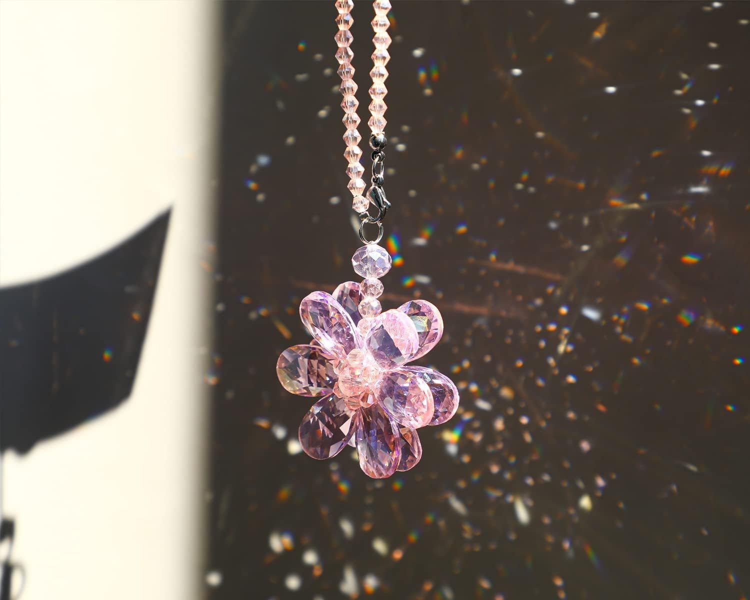 Crystal Flower Car Rear View Mirror Pendant - Pink Crystal Beads Charm Decor for Women Interior - Image 6
